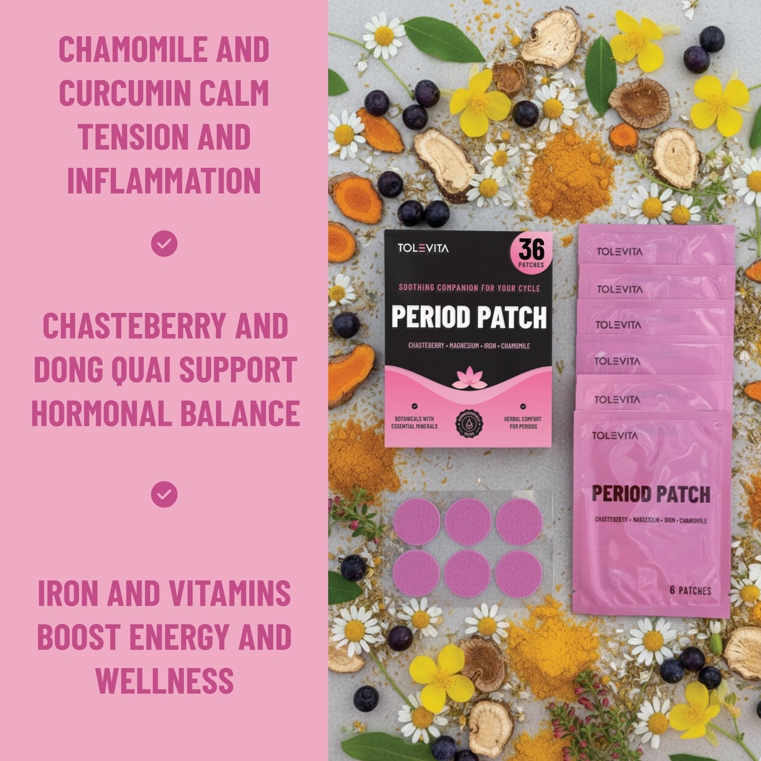 TOLEVITA Period Relief Patches 36 Pcs – Herbal Cramp Support with Chasteberry, Magnesium, Evening Primrose, Dong Quai, Curcumin, Vitamins B6 & E, Iron, Chamomile – Hormonal Balance & Menstrual Comfort TOLEVITAAu supplements