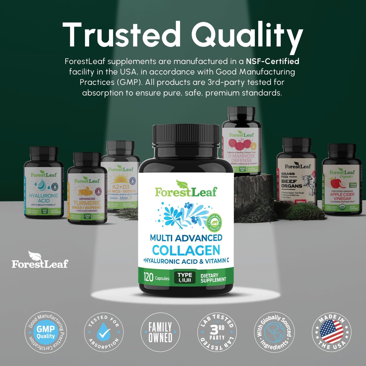 ForestLeaf Multi Collagen Pills with Hyaluronic Acid + Vitamin C | Hydrolyzed Collagen Supplements for Women or Men | Multi Collagen Capsules Peptides for Skin ForestLeafUS supplements