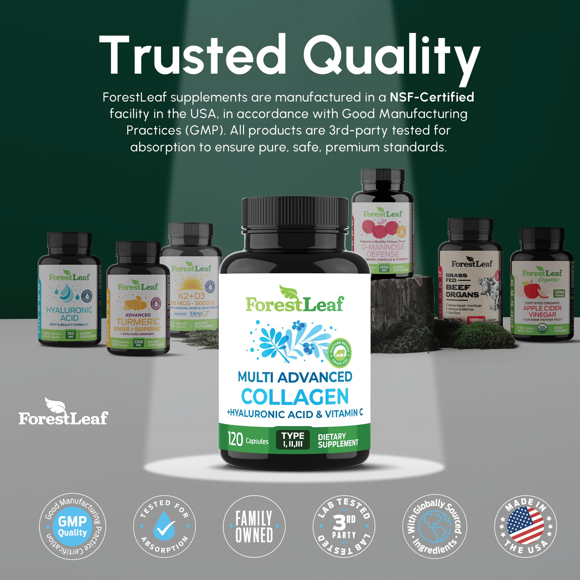 ForestLeaf Multi Collagen Pills with Hyaluronic Acid + Vitamin C | Hydrolyzed Collagen Supplements for Women or Men | Multi Collagen Capsules Peptides for Skin