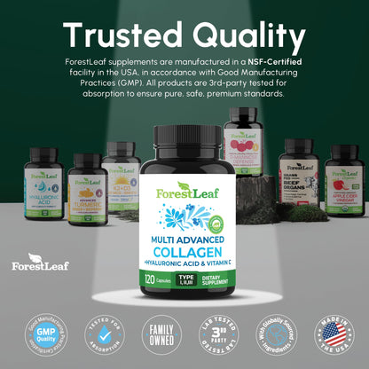 ForestLeaf Multi Collagen Pills with Hyaluronic Acid + Vitamin C | Hydrolyzed Collagen Supplements for Women or Men | Multi Collagen Capsules Peptides for Skin ForestLeafUS supplements