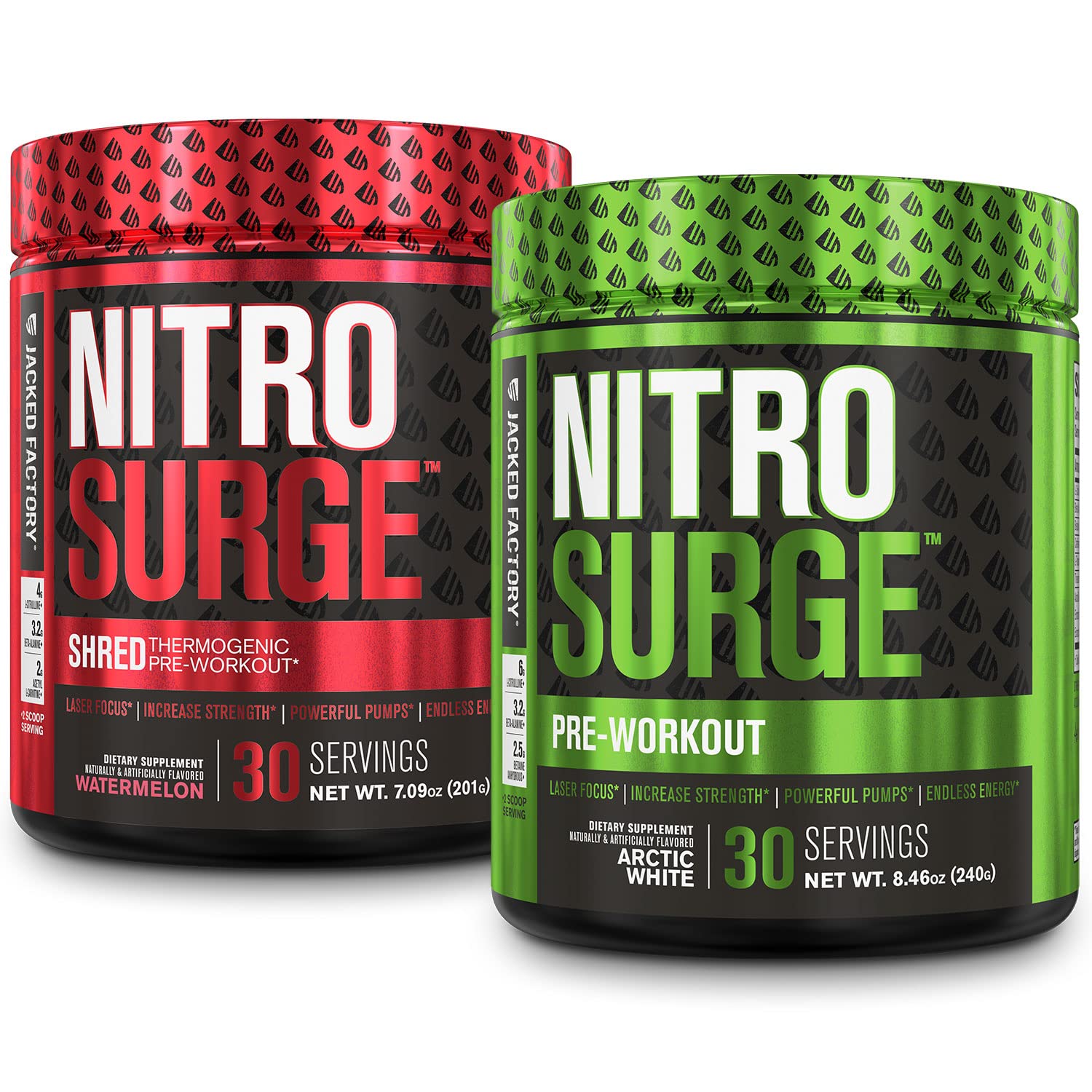 Jacked Factory Nitrosurge Pre-Workout in Arctic White & Watermelon Nitrosurge Shred Jacked FactoryAu supplements