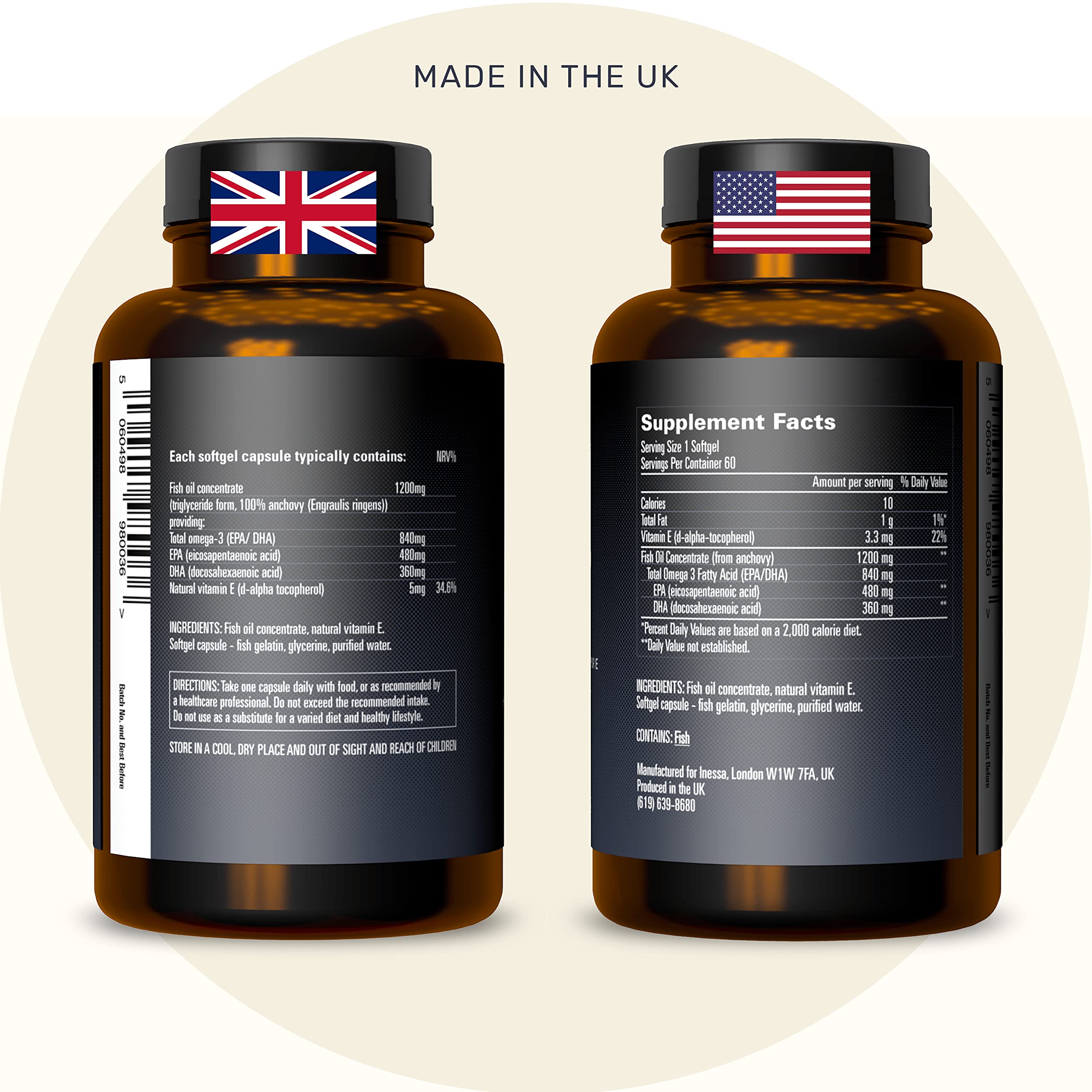 Omega 3 Fish Oil 1200mg (480mg EPA/360mg DHA per capsule) High Strength, Ultra Pure InessaUS supplements