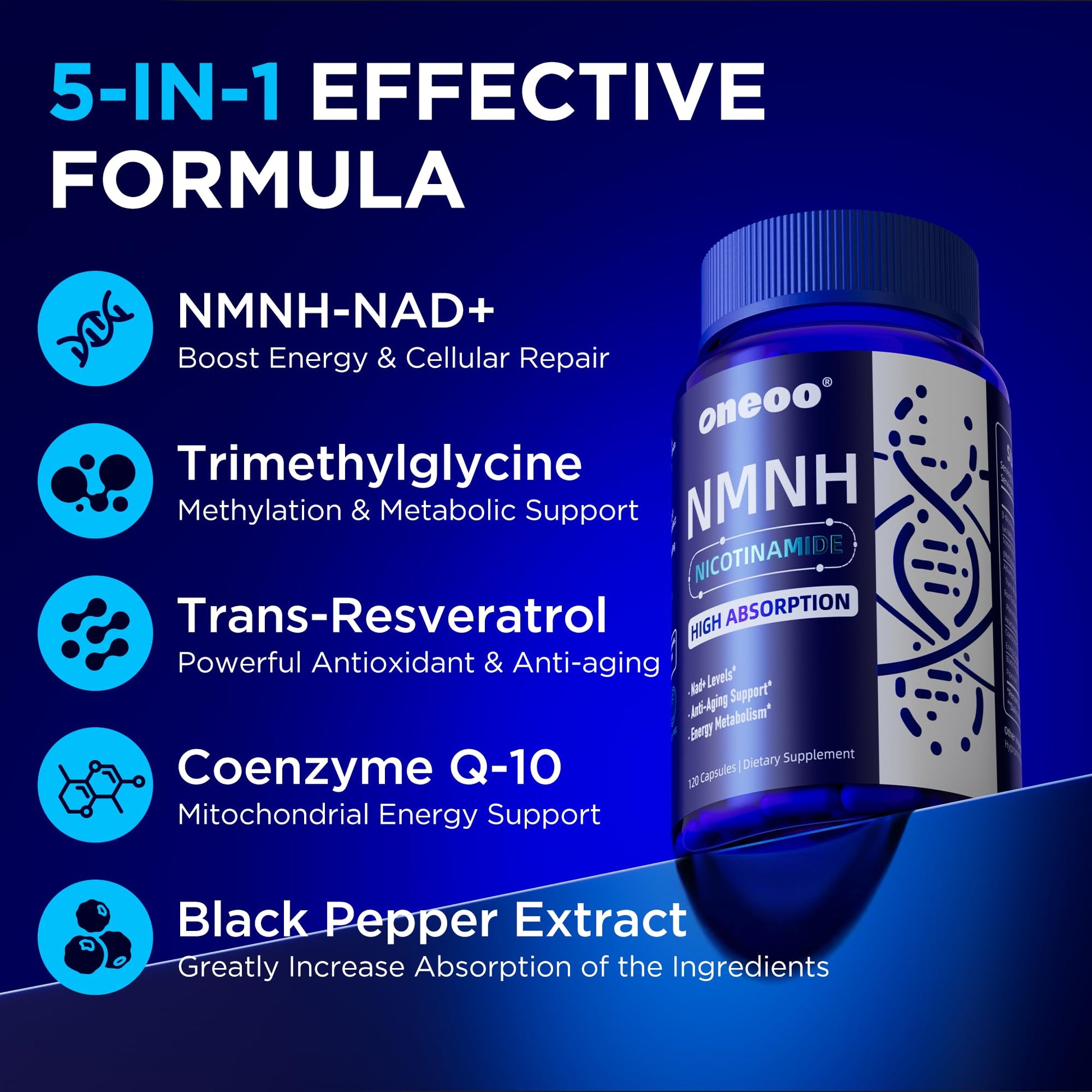 Oneoo NMNH Supplement with NAD Supplement Maximum Potency with Resveratrol & Pterostilbene, CoQ10 & Black Pepper, for Cellular Energy, Anti-Aging Support, Sirtuin Activation & Methylation Support, 120 OneooAu supplements