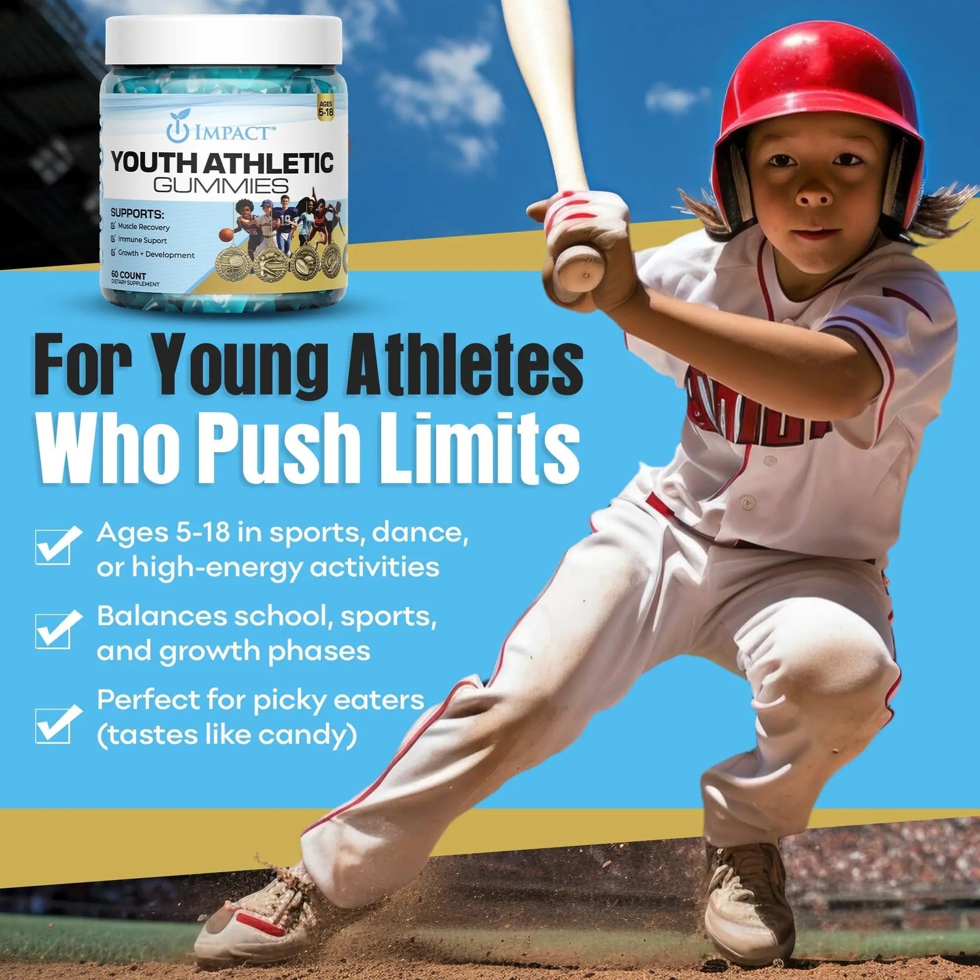 Youth Athletic Gummies – Kids Multivitamin Gummies with Essential Nutrients, Immune & Energy Support, Vegan & Gelatin-Free IMPACTAu supplements