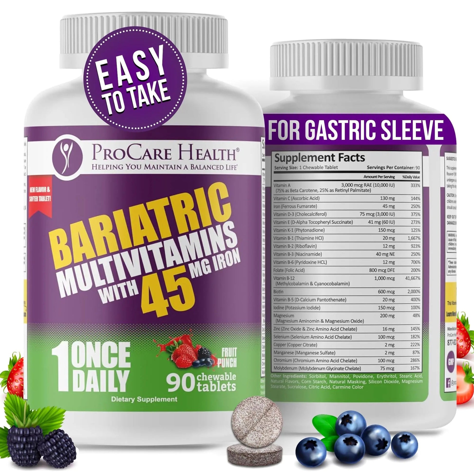 Procare Health Bariatric Multivitamin with Iron 45mg Chewable (90 Tablets) - Fruit Punch Flavor Bariatric Multivitamin Chewable Pills for Gastric Bypass ProCare HealthAu supplements