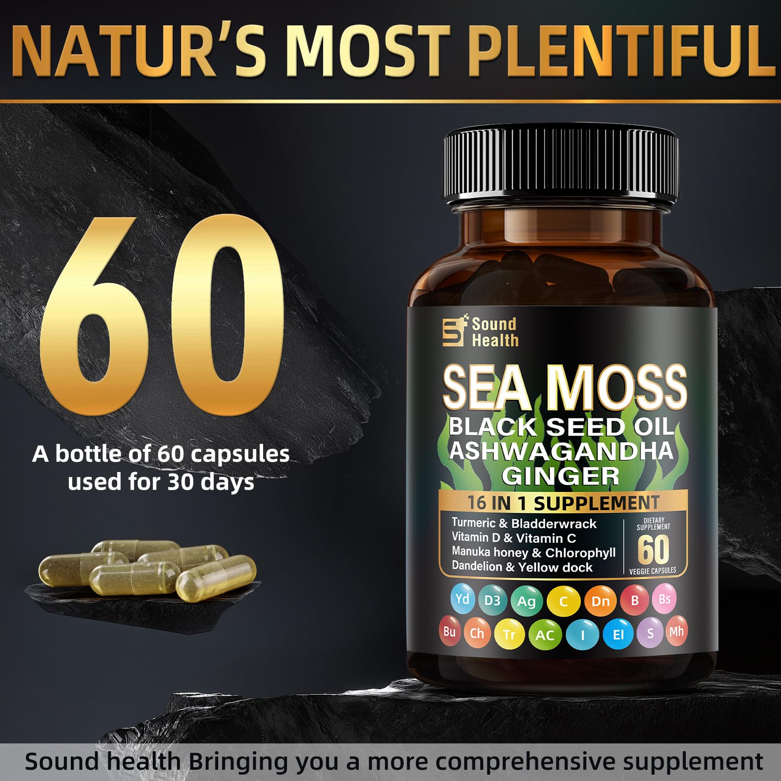 Sea Moss Capsules with Ashwagandha, Turmeric, Bladderwrack, Vitamins C & D for Natural Energy, Sleep Support & Hair Growth, 1200mg Herbal Blend, for Man & Women, Third-Party Tested，16-in-1 Supplement SoundHealthAu supplements
