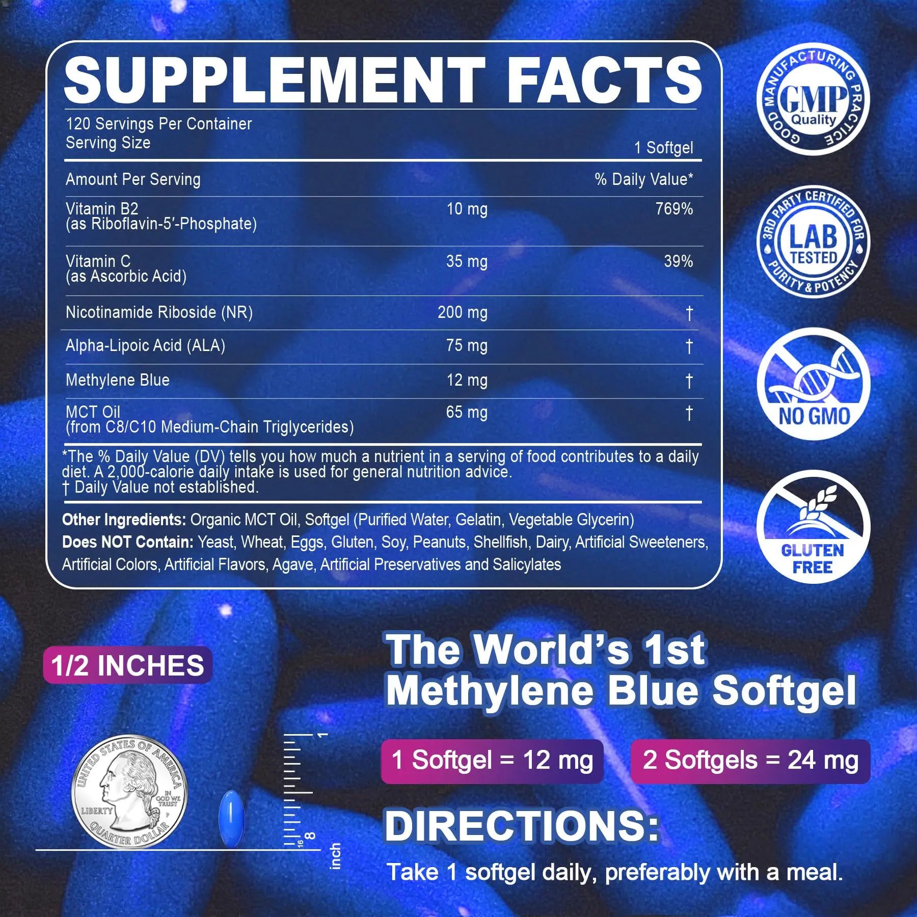 LILICARE Advanced 12mg Methylene Blue Softgels for Humans | Upgraded Brain & Cellular Energy Supplement with CoQ10, NR & ALA | High Absorption Formula, Non-GMO, Mitochondrial & ATP Support, 120 Cts LILICAREnz supplements