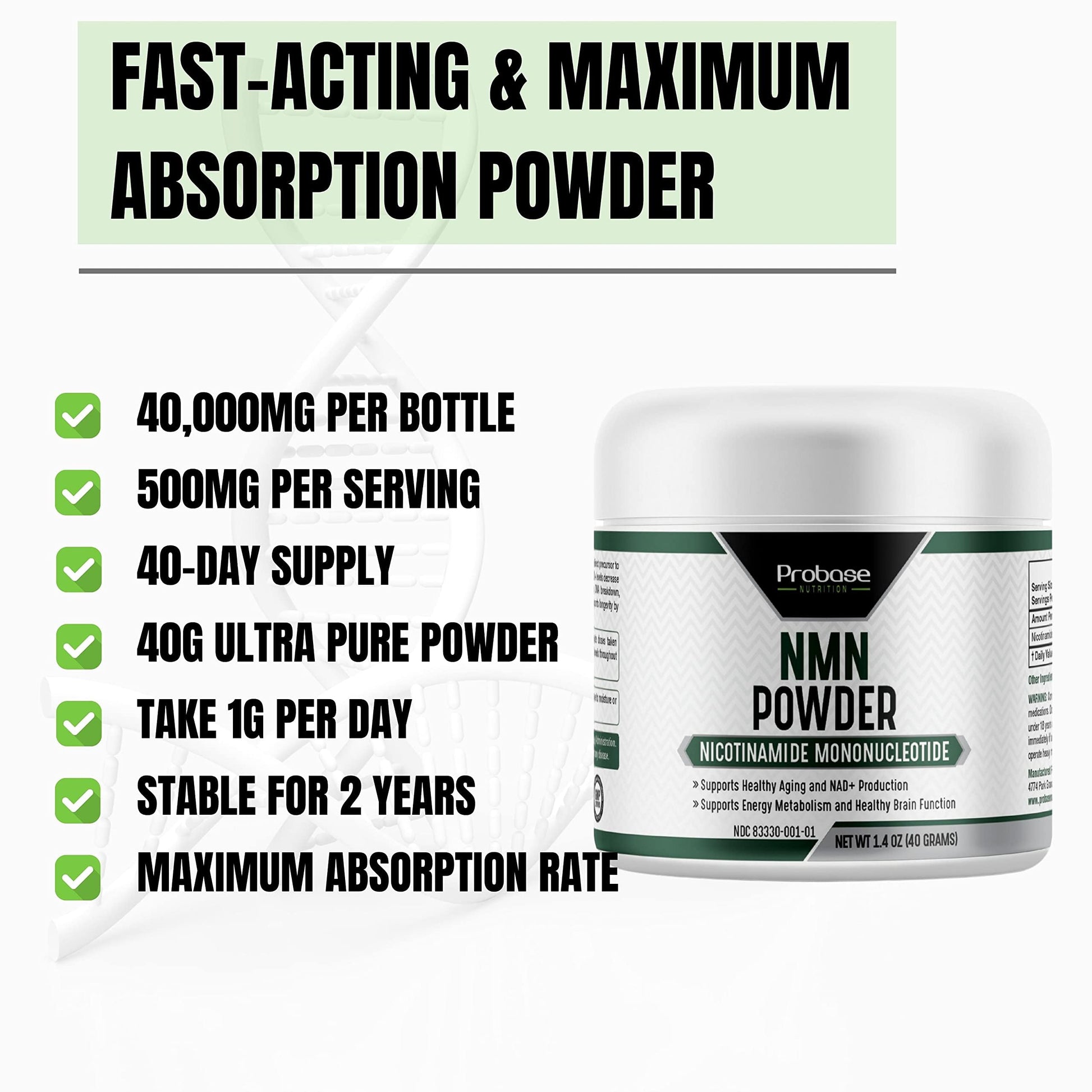 Probase Nutrition Longevity Pure NMN Powder 40 Grams - Ultra-Pure, Fully Stabilized, Pharmaceutical Grade NMN to Boost NAD+, Nicotinamide Mononucleotide Powder Supplement Probase NutritionAu supplements