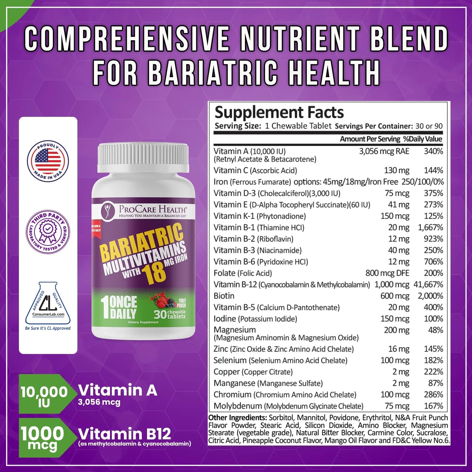 ProCare Health Bariatric Chewable Multivitamin with Iron 18mg (30 Tablets) - Fruit Punch Flavor Bariatric Multivitamin Chewable ProCare HealthAu supplements