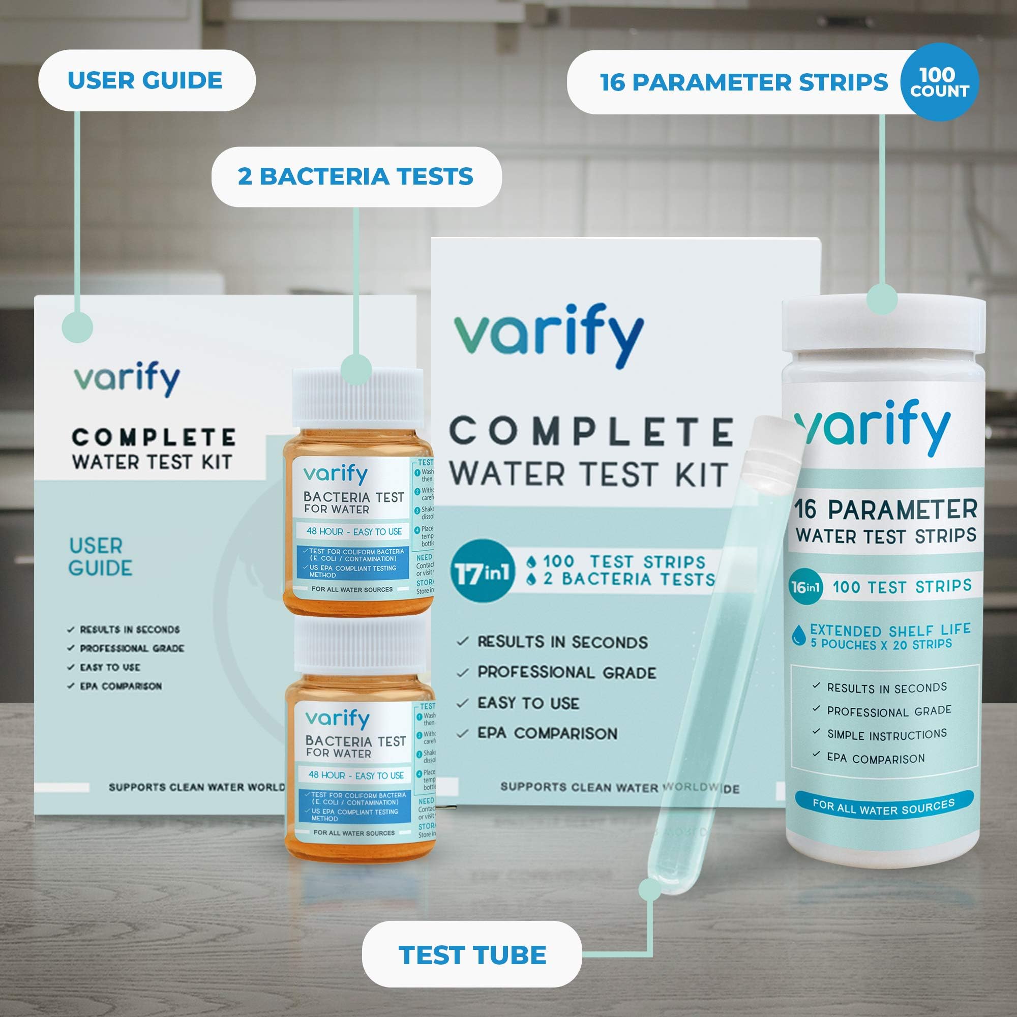 Varify 17in1 Complete Drinking Water Test Kit - 100 Strips + 2 Bacteria Tester Kits - Well, Tap, Home, City Water Testing Strip for Lead, Alkaline, Chlorine, Hardness, Iron, Fluoride, Copper & More VARIFYAu supplements