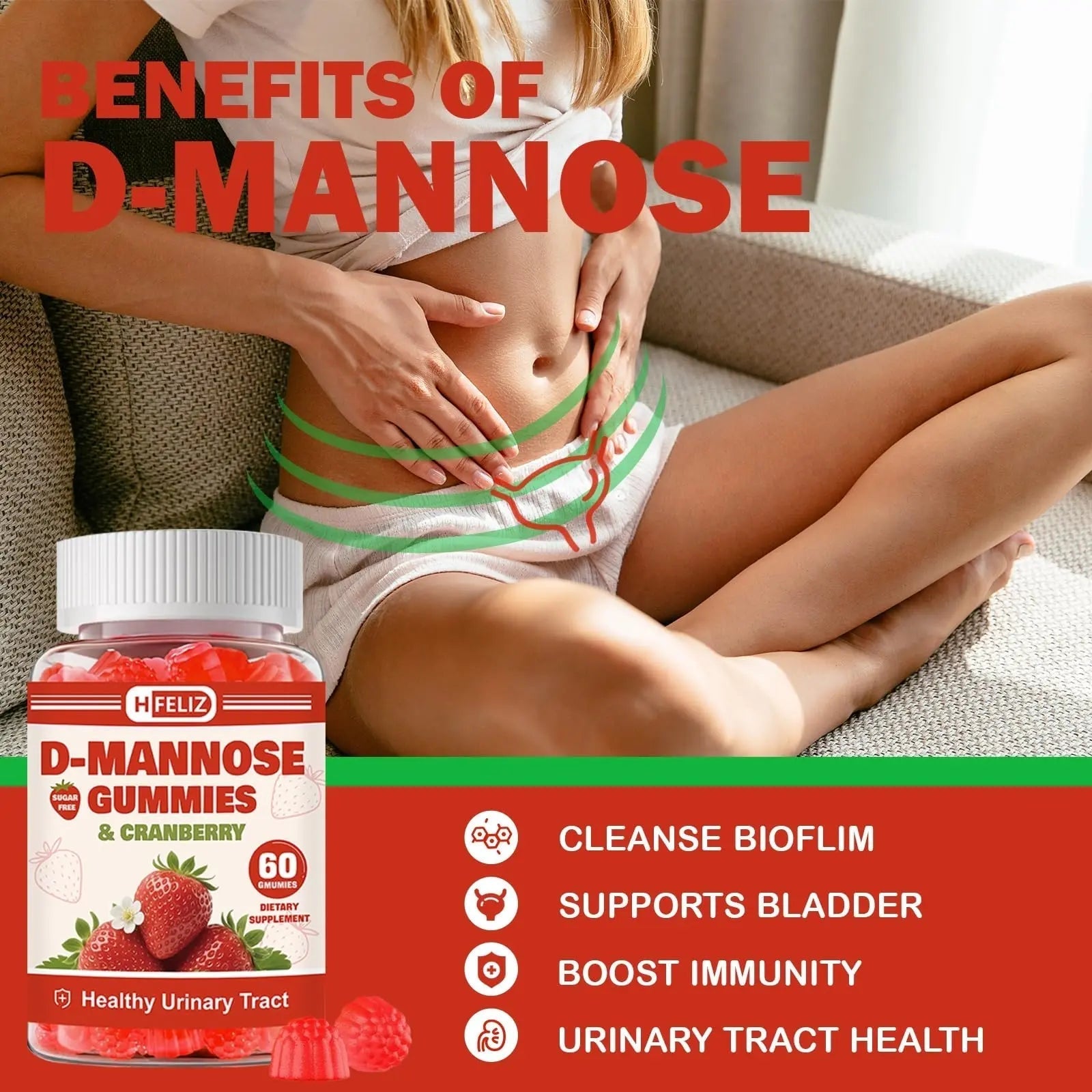 HFELIZ D Mannose with Cranberry Gummies, D-Mannose Supplements 1300mg for Women, Support Natural Urinary Tract & Bladder Health, Sugar-Free, 60 Count HFELIZAu supplements