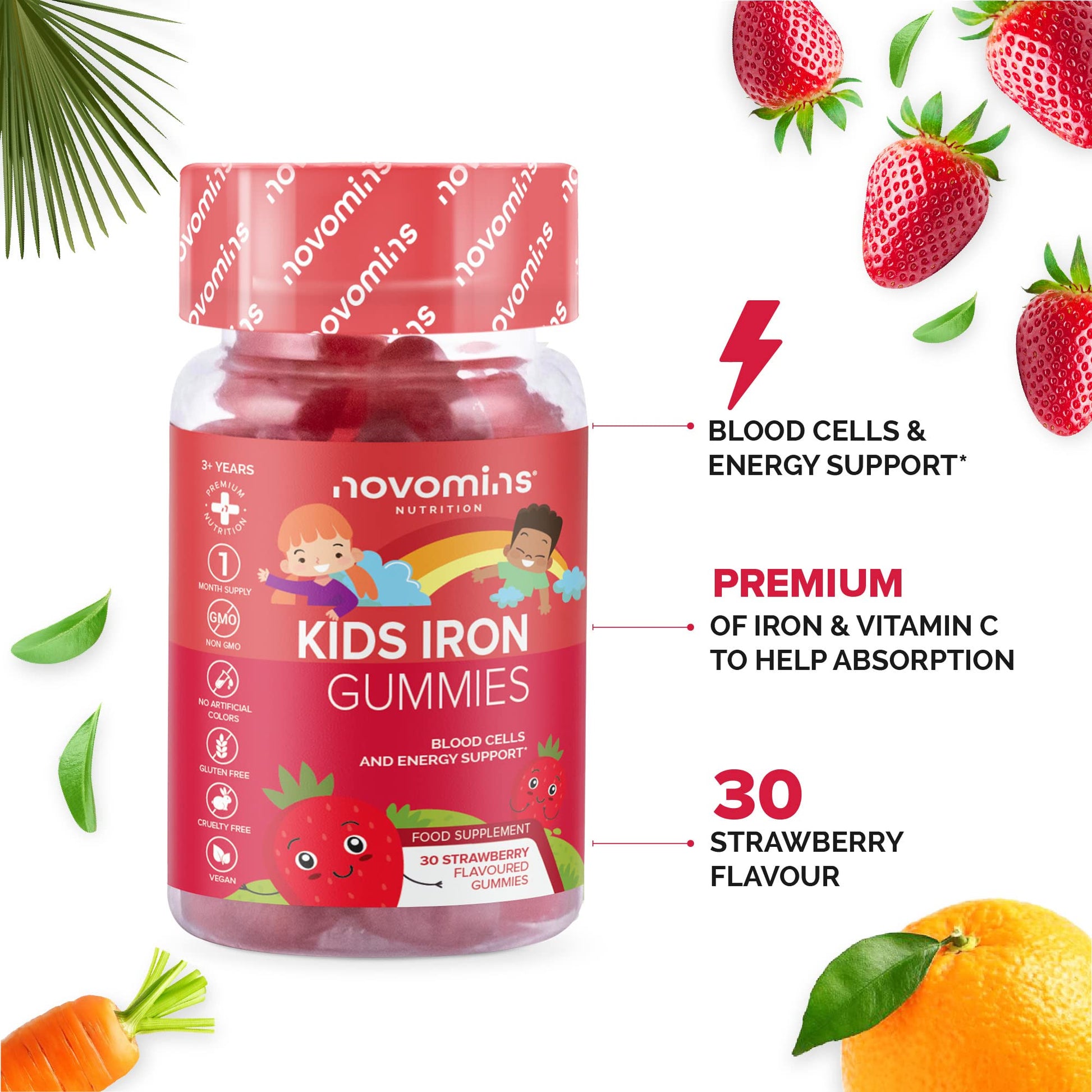 Kids Iron Gummies – Iron Supplement for Kids – Energy & Immune System – Vegan novominsUS supplements