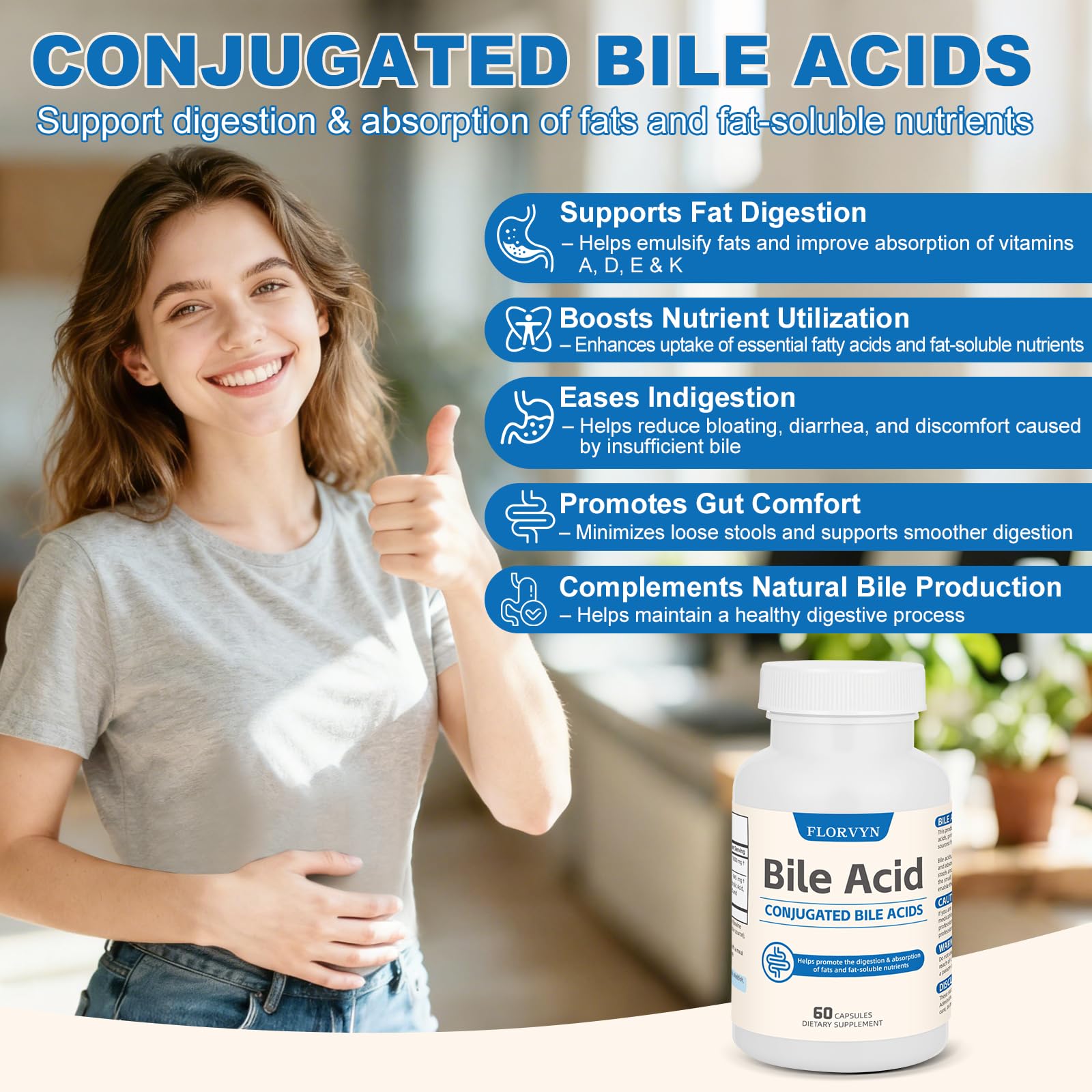 Florvyn Conjugated Bile Acid Supplement 1000mg – Supports Fat Digestion & Absorption of Fats & Fat-Soluble Nutrients, Gut Comfort & Nutrient Utilization, 60 Capsules, 30 Day Supply FlorvynAu supplements