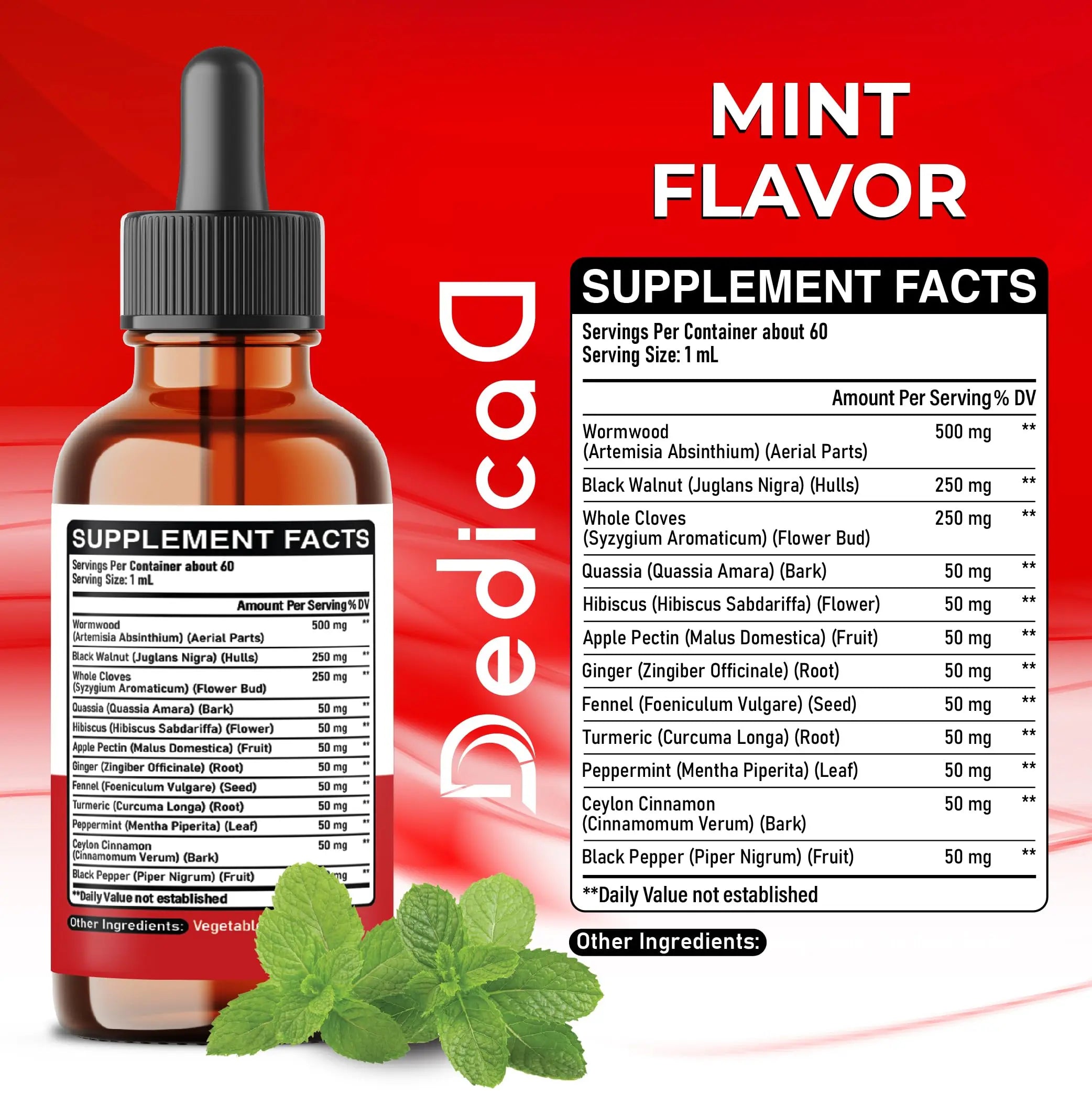 DEDICAD 12in1 Wormwood Liquid Drops Added Black Walnut, Whole Cloves and 9 More Herbs - 2 Fl Oz - 60 Days Supply - Mint Flavor DEDICADnz supplements