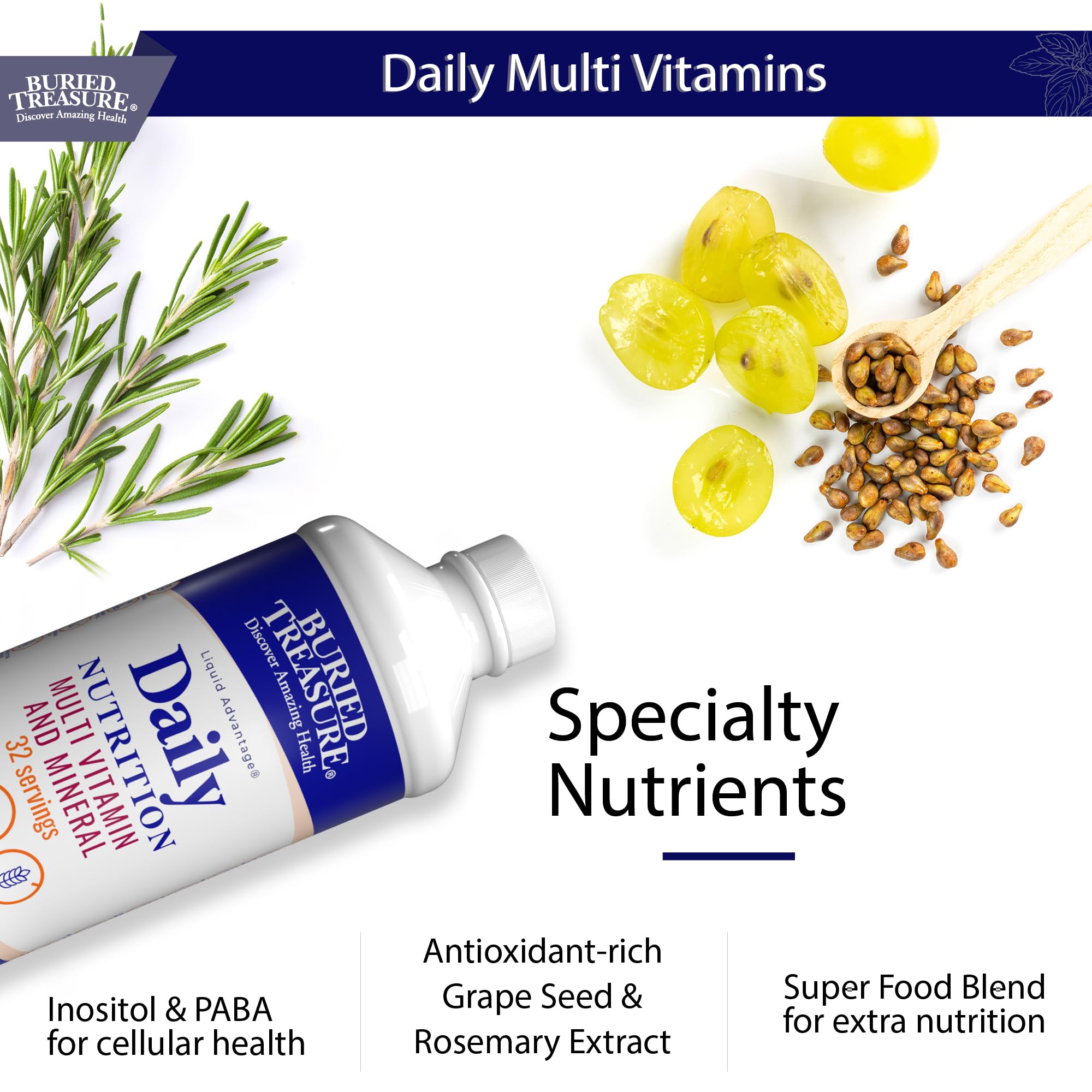 Buried Treasure Daily Nutrition Liquid Multivitamin and Mineral Supplement with Trace Minerals, Superfoods, Vitamin A, B-Complex, C, D, E, Methylfolate, Biotin, Magnesium, Zinc, Resveratrol, 32 serv Buried TreasureAu supplements