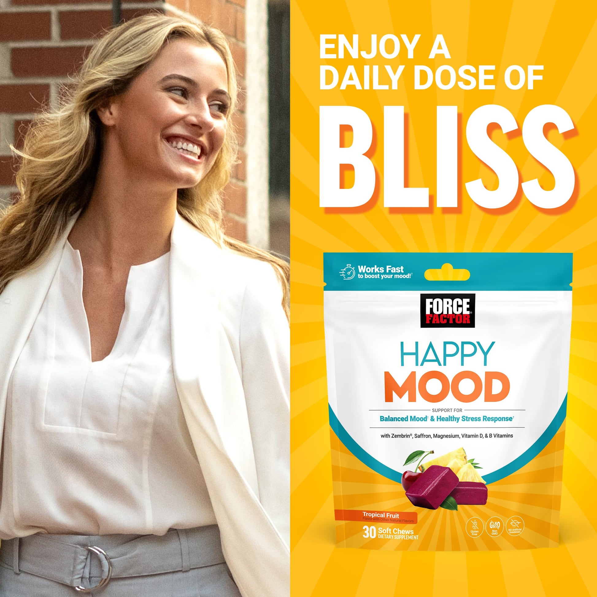 FORCE FACTOR Happy Mood, Mood Support and Mood Balance Supplement to Support Happiness, Positivity, and Stress, Made with Magnesium, Saffron, Zembrin, Non-GMO, Tropical Fruit Flavor, 30 Soft Chews Force FactorAu supplements
