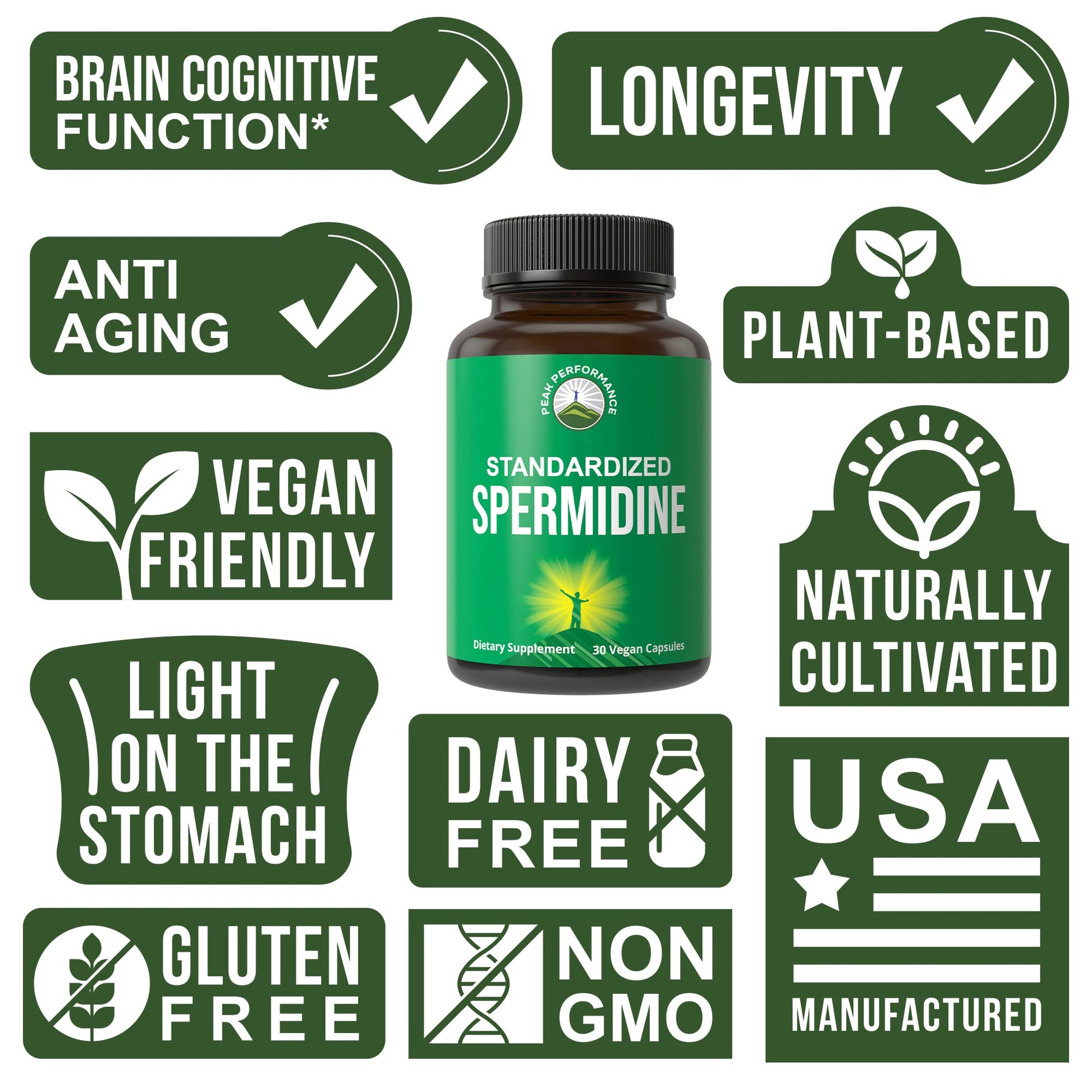 Spermidine Supplement Ultra High Strength Standardized to 99% Spermidine Trihydrochloride. More Potent Than Wheat Germ Extract. Vegan Capsules for Healthy Aging, Longevity. USA Tested Supplements Peak PerformanceAu supplements