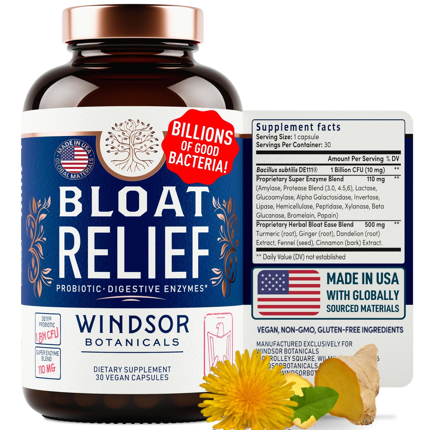 Bloat Relief Probiotic and Digestive Enzymes - Anti Bloating Turmeric, Fennel, Bromelain IBS WINDSOR BOTANICALSUS supplements