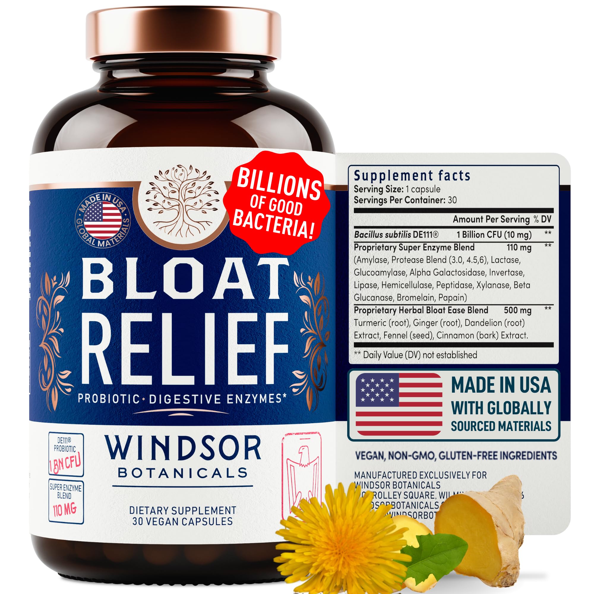 Bloat Relief Probiotic and Digestive Enzymes - Anti Bloating Turmeric, Fennel, Bromelain IBS WINDSOR BOTANICALSAu supplements