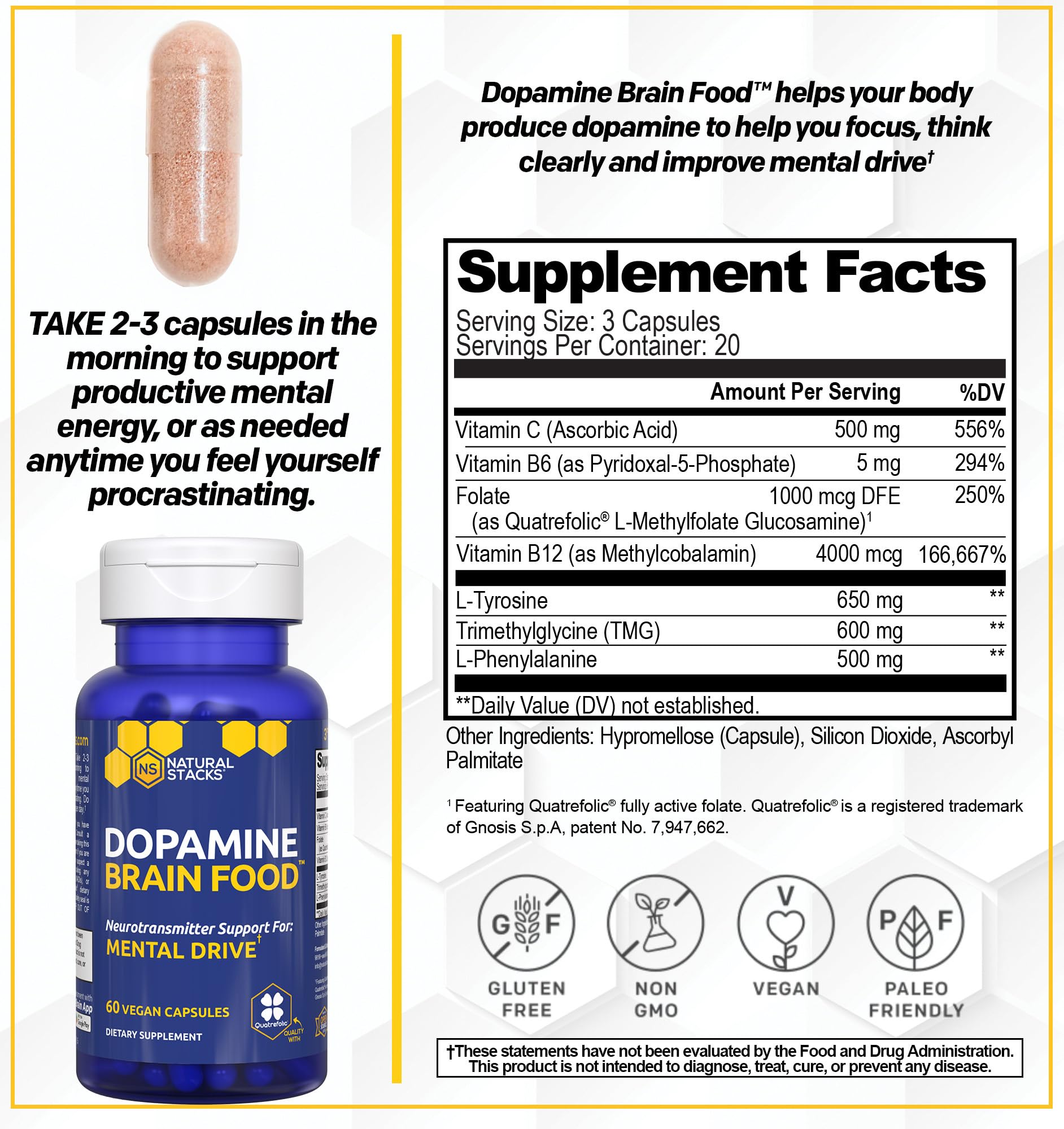 NATURAL STACKS Dopamine Brain Food + Magtech Magnesium Bundle - Chelated Magnesium Complex - Supports Brain Health & Mental Drive* - 150 Total Capsules NATURAL STACKSAu supplements