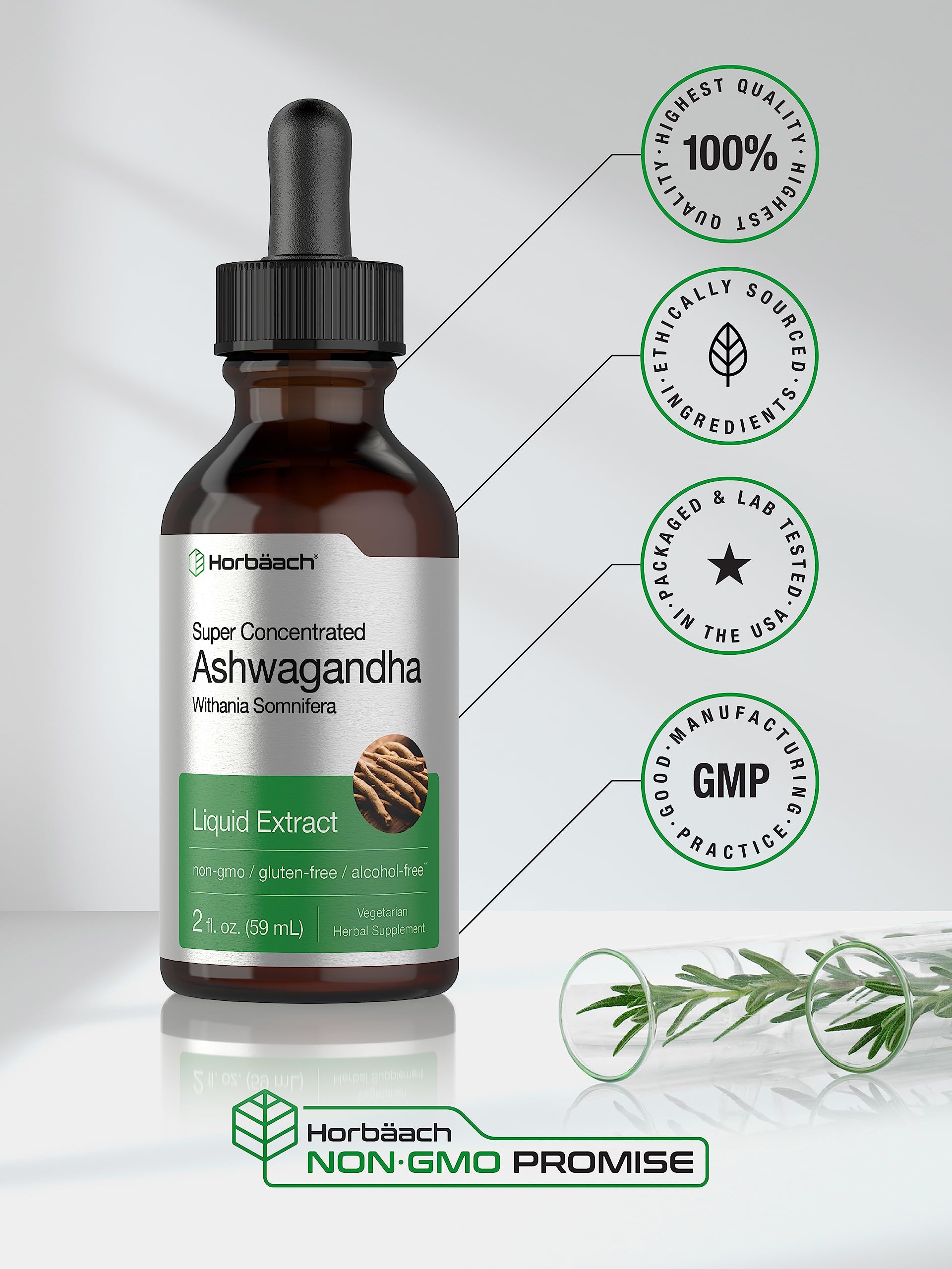 Ashwagandha Root Liquid Extract | 2 fl oz | Alcohol Free Tincture | Vegetarian, Non-GMO, Gluten Free Supplement | by Horbaach HorbäachAu supplements