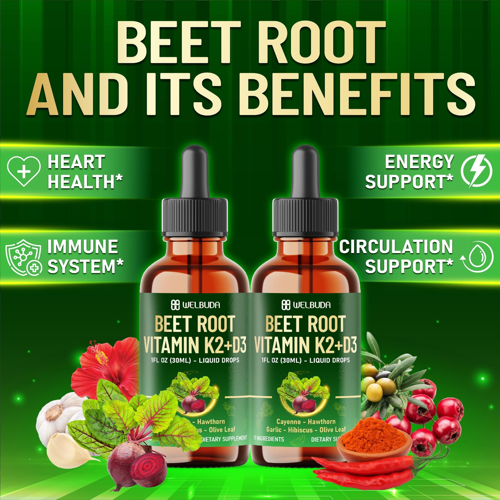 11in1 Beet Root Liquid Supplement - for Support Immune, Energy - with Vitamin D3, Vitamin K2, Hawthorn Berry, Cayenne Pepper, Garlic, Hibiscus, Olive, Red Spinach, Green Tea - 1 FL Oz - 30 Servings WELBUDAAu supplements