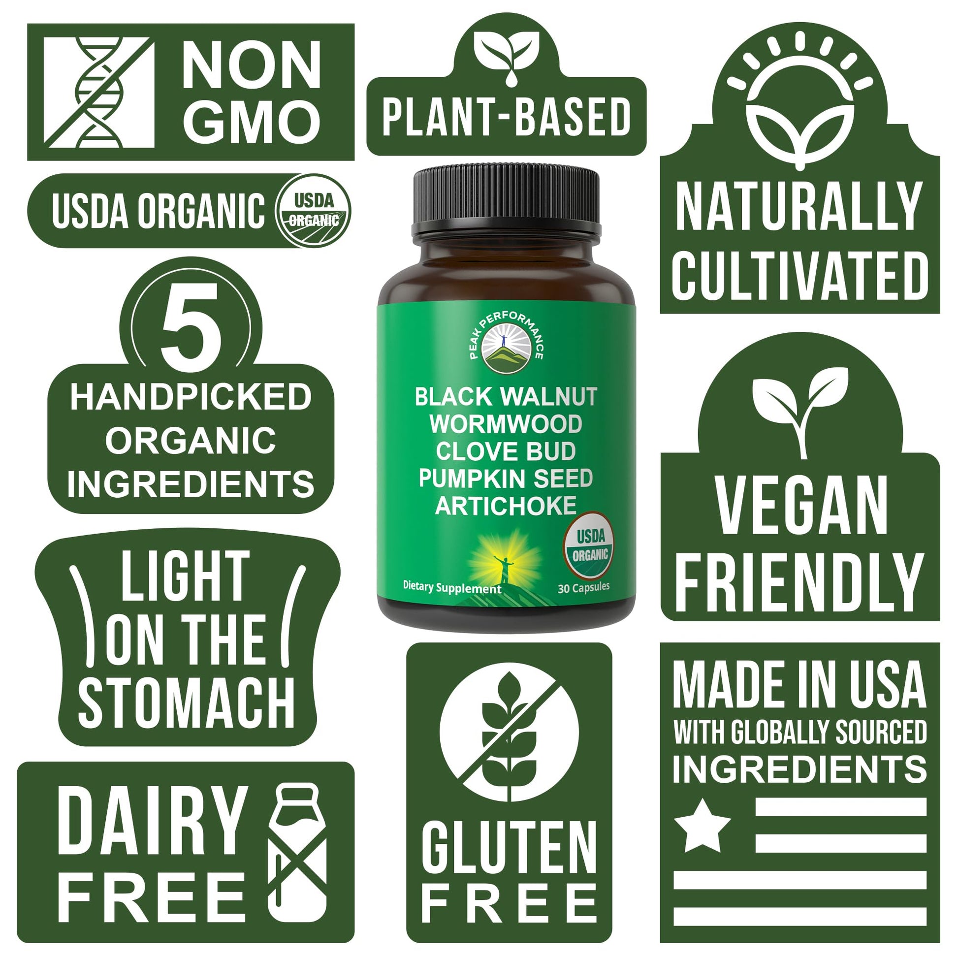 USDA Organic Wormwood Black Walnut Clove Cleanse for Humans. Elimination Detox + Intestinal Support Capsules Supplement for Adults and Kids. Pills with Artichoke and Pumpkin Seed for Added Benefits Peak PerformanceAu supplements