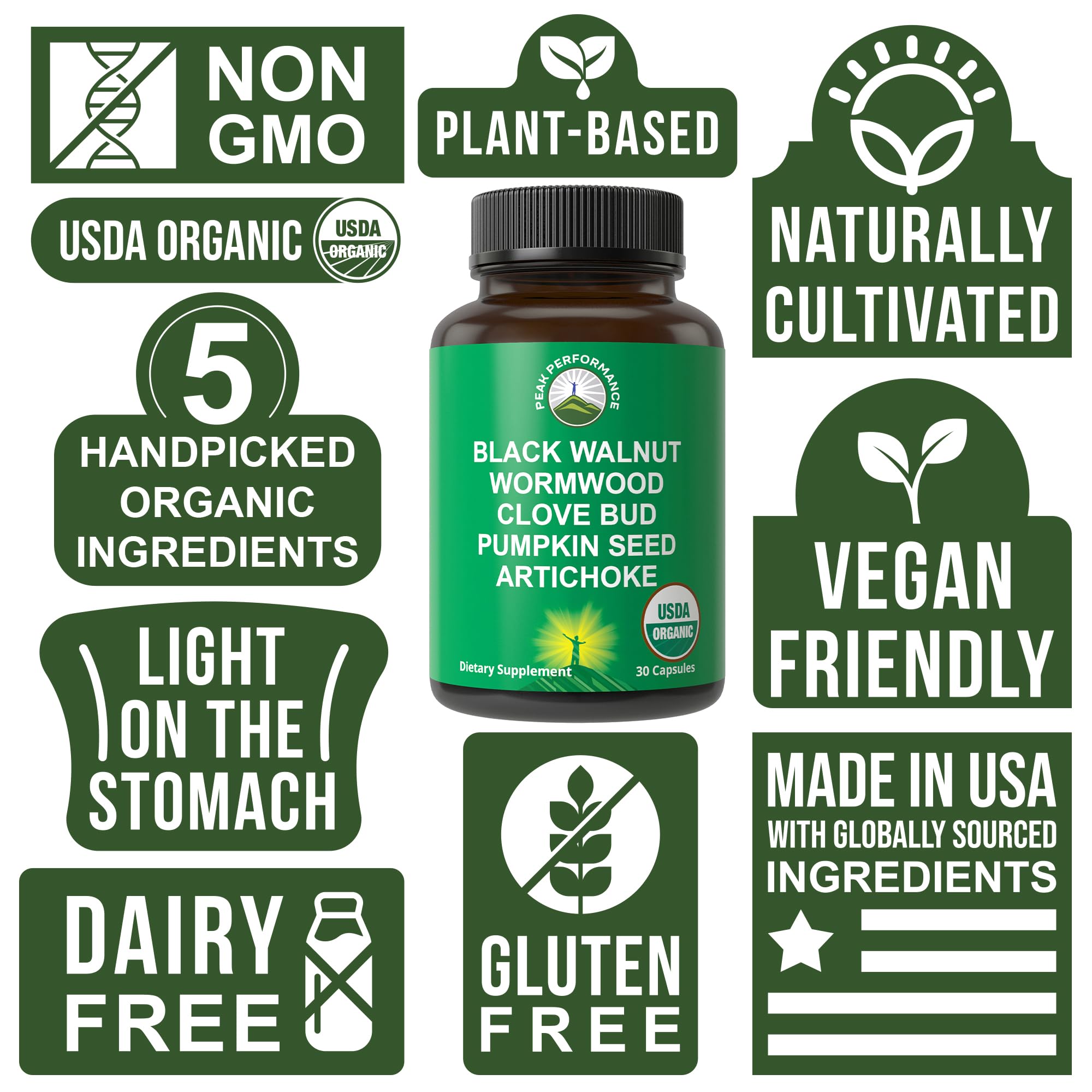 USDA Organic Wormwood Black Walnut Clove Cleanse for Humans. Elimination Detox + Intestinal Support Capsules Supplement for Adults and Kids. Pills with Artichoke and Pumpkin Seed for Added Benefits Peak PerformanceAu supplements