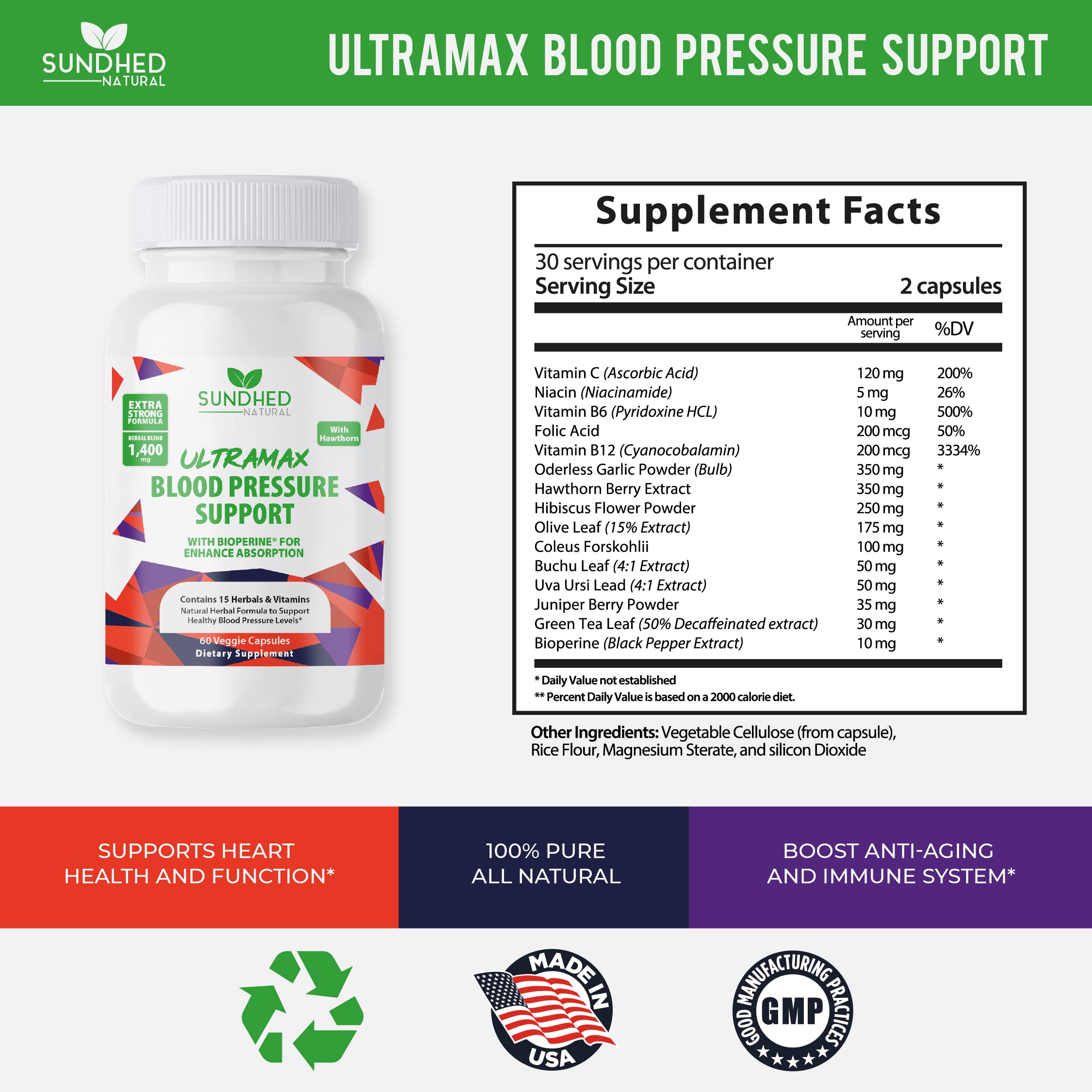 Sundhed Natrual UltraMax Blood Pressure with Bioperine for Enhanced Absorption Sundhed NaturalUS supplements
