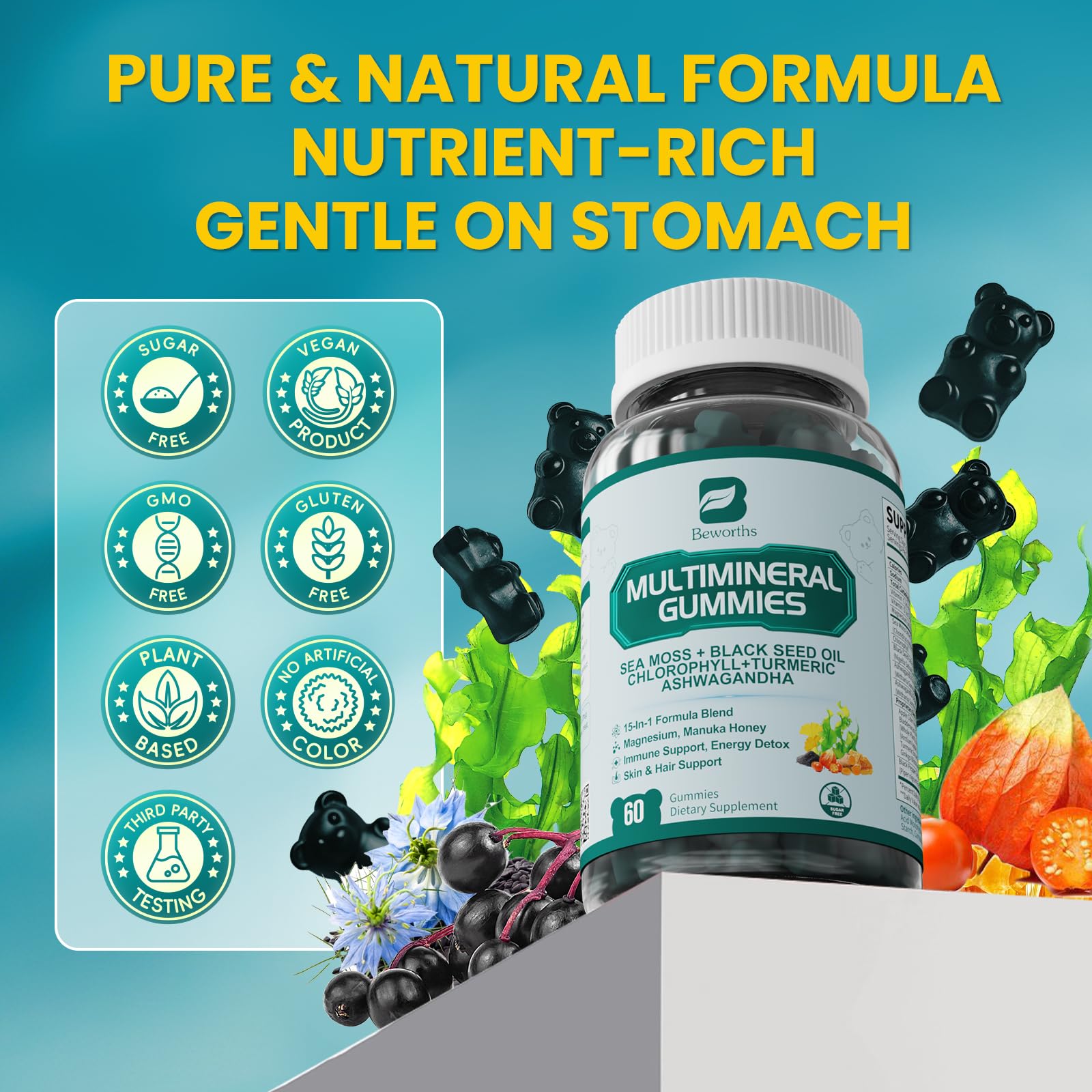 Sea Moss Gummies with Ashwagandha & Chlorophyll, Immune, Digestive and Gut Detox Support, Powered by Black Seed Oil, Vitamin C, Vitamin D & Magnesium, GMO, Vegan, Apple Flavor, 60 SeaMoss Gummies B BEWORTHSAu supplements