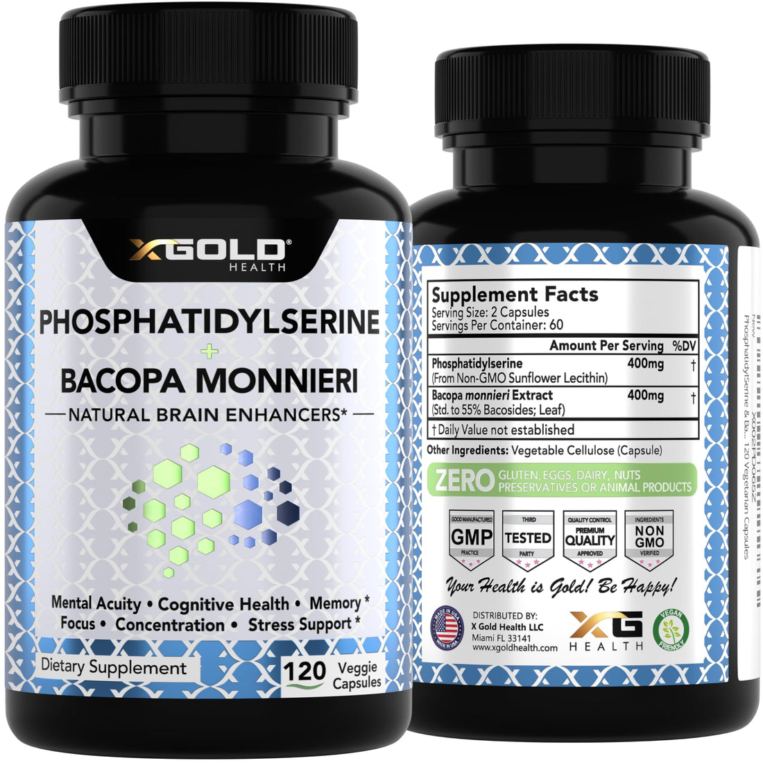 PhosphatidylSerine & Bacopa Monnieri 800 mg 2 in 1 Supplement - Natural Brain Enhancer/Nootropic for Enhanced Focus and Concentration, Memory Support, & Cognitive Function - 120 Vegetarian Capsules X Gold HealthAu supplements