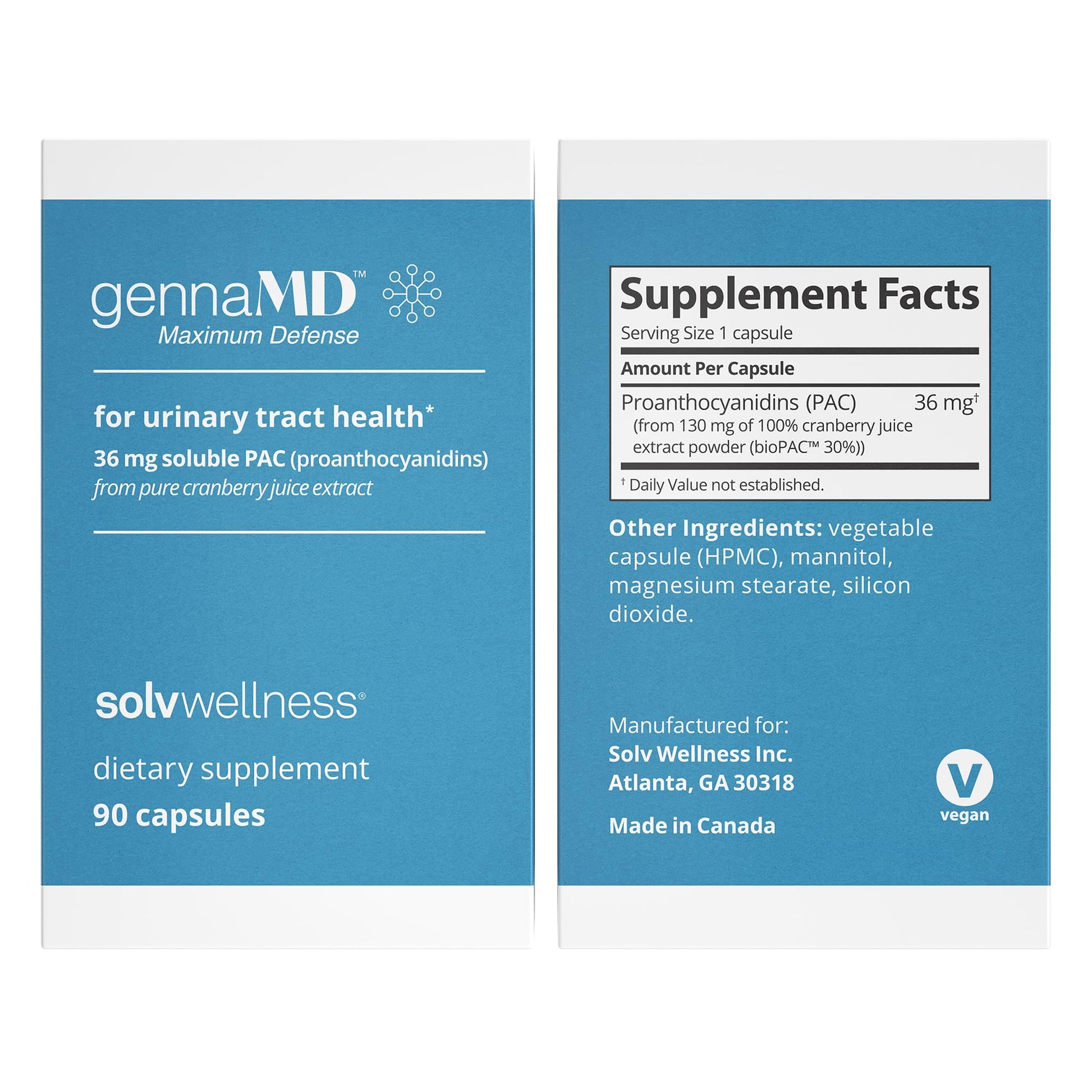 Solv Wellness GennaMD - Maximum UTI Defense - 36 mg Soluble PAC from 100% Cranberry Juice Extract - Highest PAC Concentration in a Small, Easy-to-Swallow Capsule - 90 Capsules Solv WellnessAu supplements
