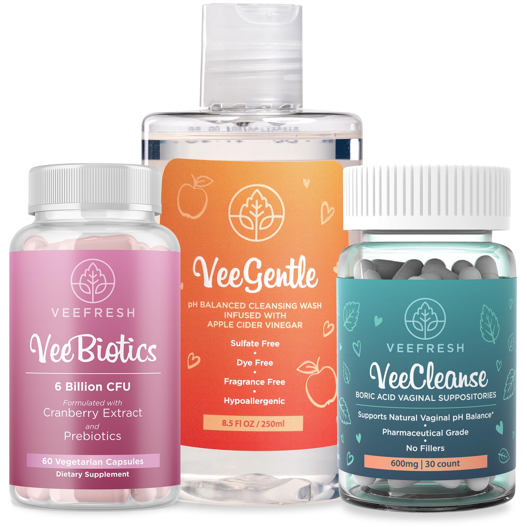 VeeBalance Bundle – Boric Acid Suppositories, Feminine Wash & Cranberry Probiotics for Women – pH Balance & Freshness Support VeeFreshUS supplements