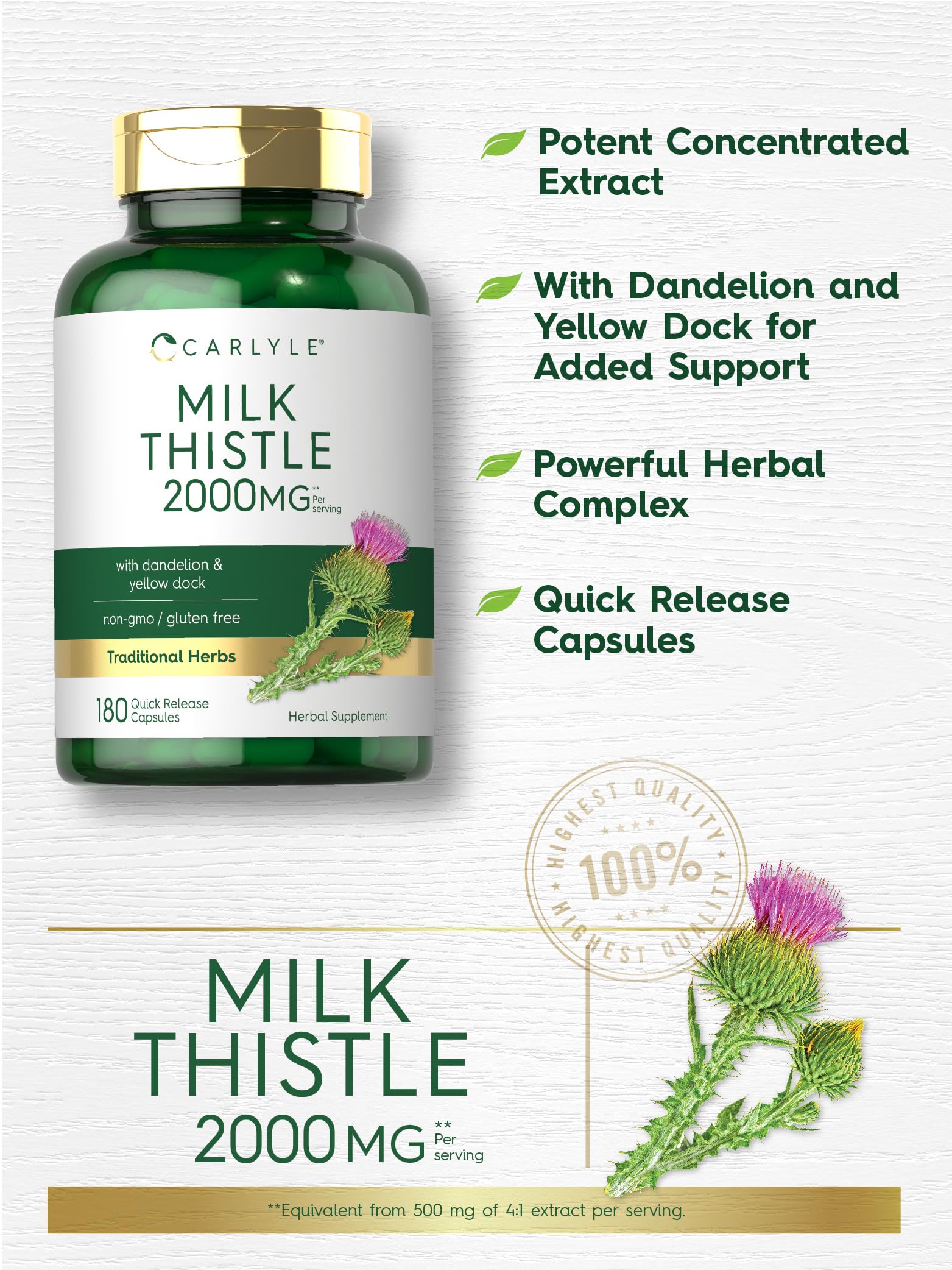 Carlyle Milk Thistle 2000mg | 180 Capsules | with Dandelion & Yellow Dock | Non-GMO CarlyleUS supplements