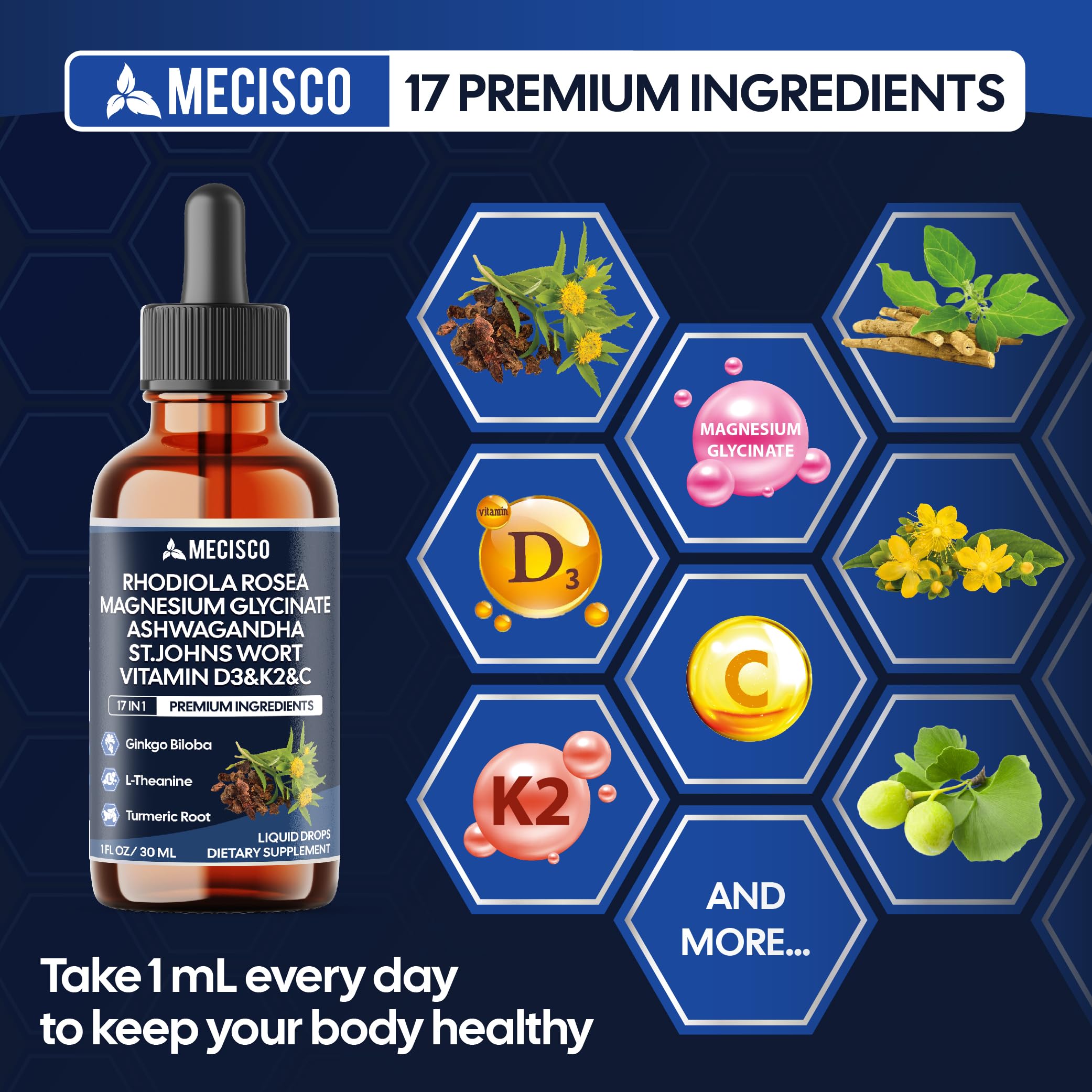 17in1 Rhodiola Rosea Liquid Drops with blend Ashwagandha Magnesium, L-Theanine. Ultra Strength Rhodiola Cortisol Supplement, Rhodiola Root for Support Relaxation, Mood, Energy - 1 FL Oz - 60 Day MeciscoAu supplements