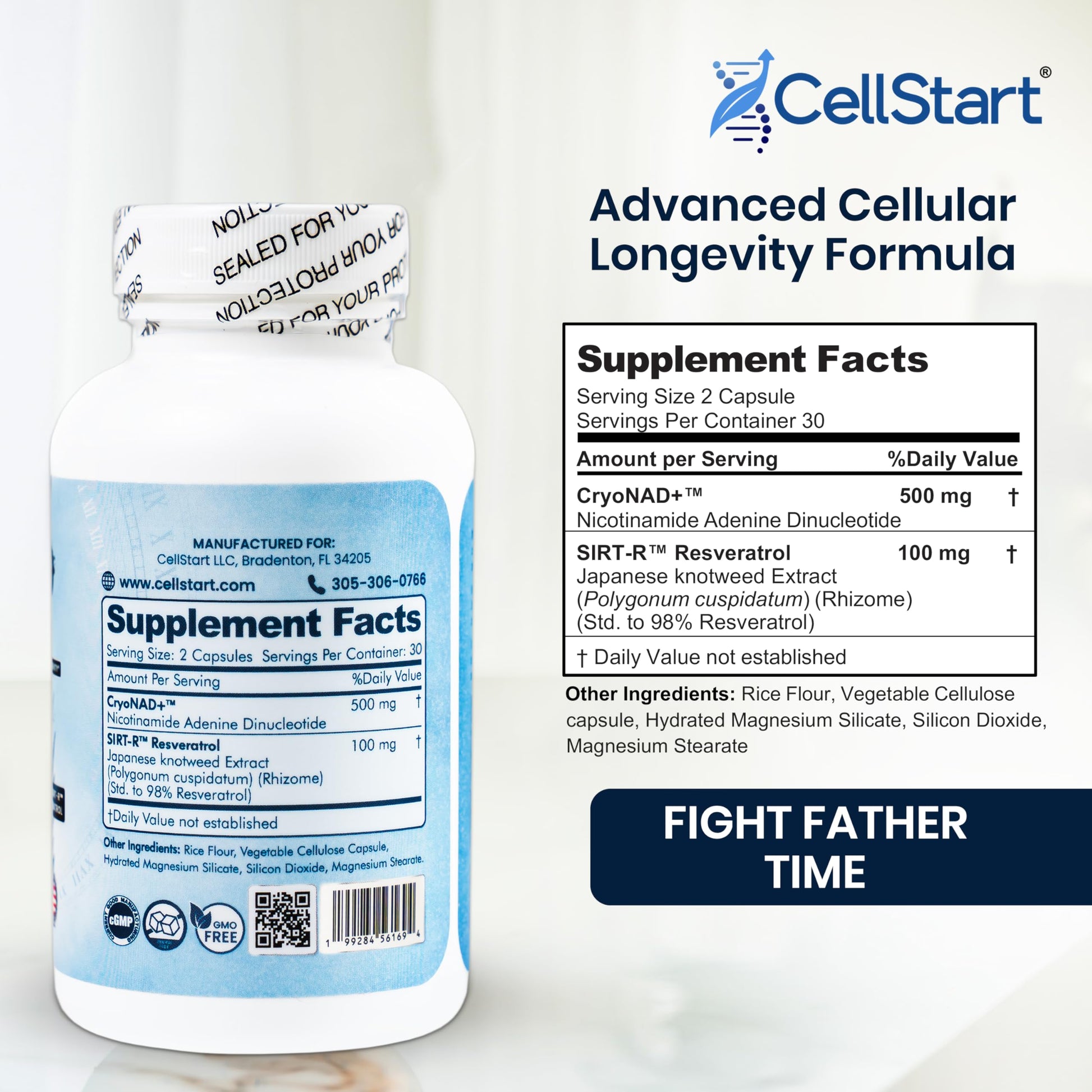 CellStart NAD+ Resveratrol Supplement 60 Capsules of 500mg | Anti Aging & Cellular Support Supplements for Women & Men - NAD Supplement Made in USA, (1-Month Supply) CellStartAu supplements