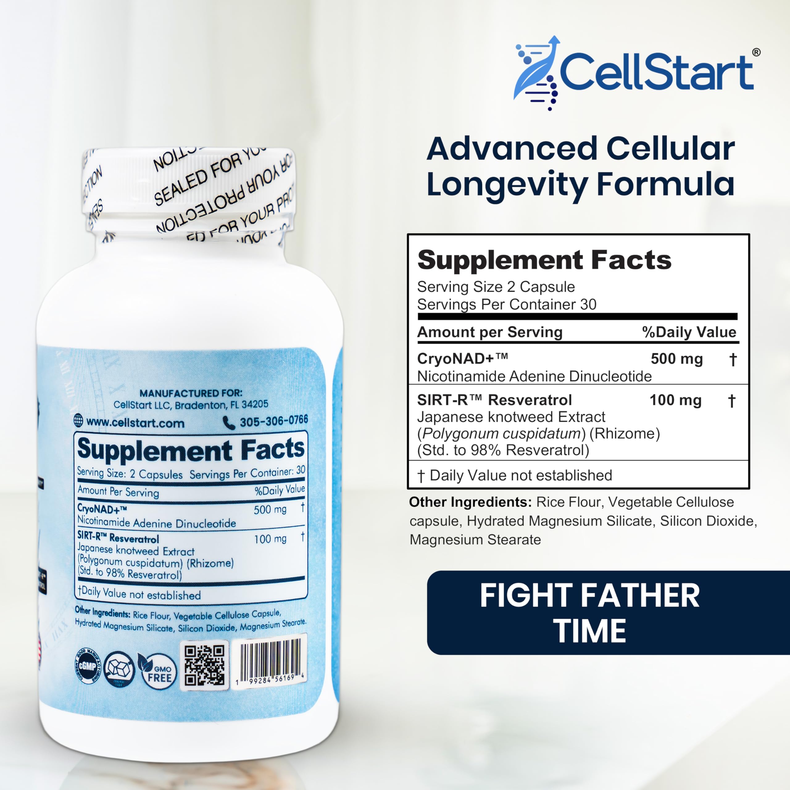 CellStart NAD+ Resveratrol Supplement 60 Capsules of 500mg | Anti Aging & Cellular Support Supplements for Women & Men - NAD Supplement Made in USA, (1-Month Supply) CellStartAu supplements