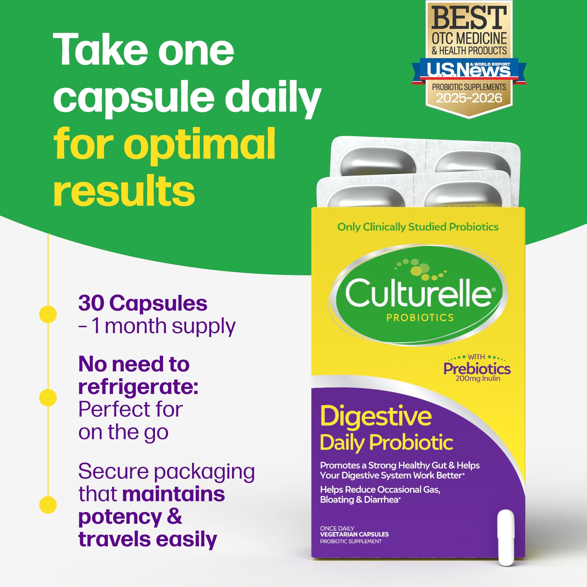 Culturelle Daily Probiotic Capsules For Men & Women, Most Clinically Studied Probiotic Strain, Digestive & Gut Health, Supports Occasional Diarrhea, Gas & Bloating, 1 Month Supply, 30 CT CulturelleAu supplements