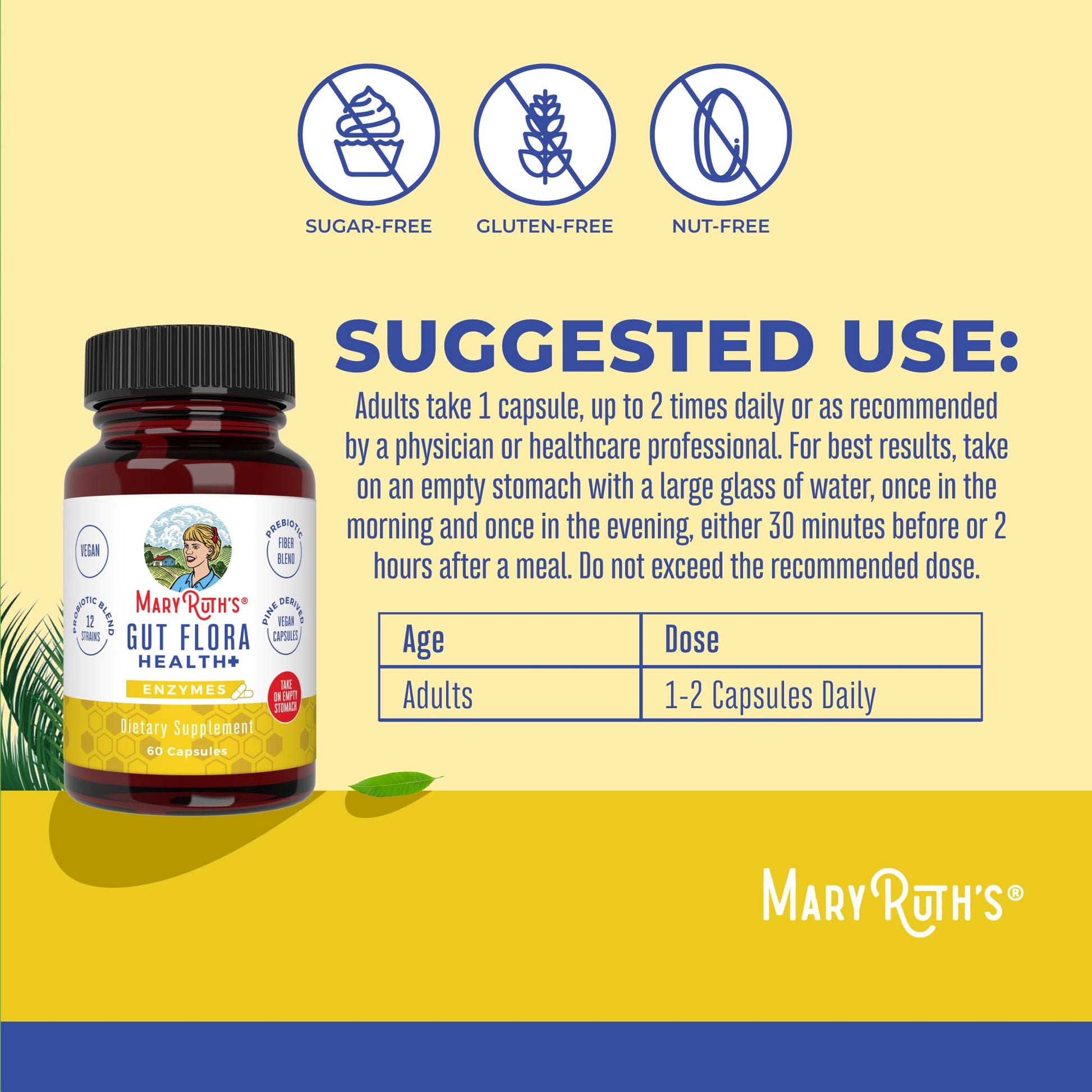 MaryRuth Organics Gut Flora Health+ Enzymes | Up to 2 Month Supply | Prebiotic Probiotic Digestive Enzymes Blend for Healthy Gut Biome & Digestive Support | Gastrointestinal Health | 60 Capsules MARYRUTH'SUS supplements