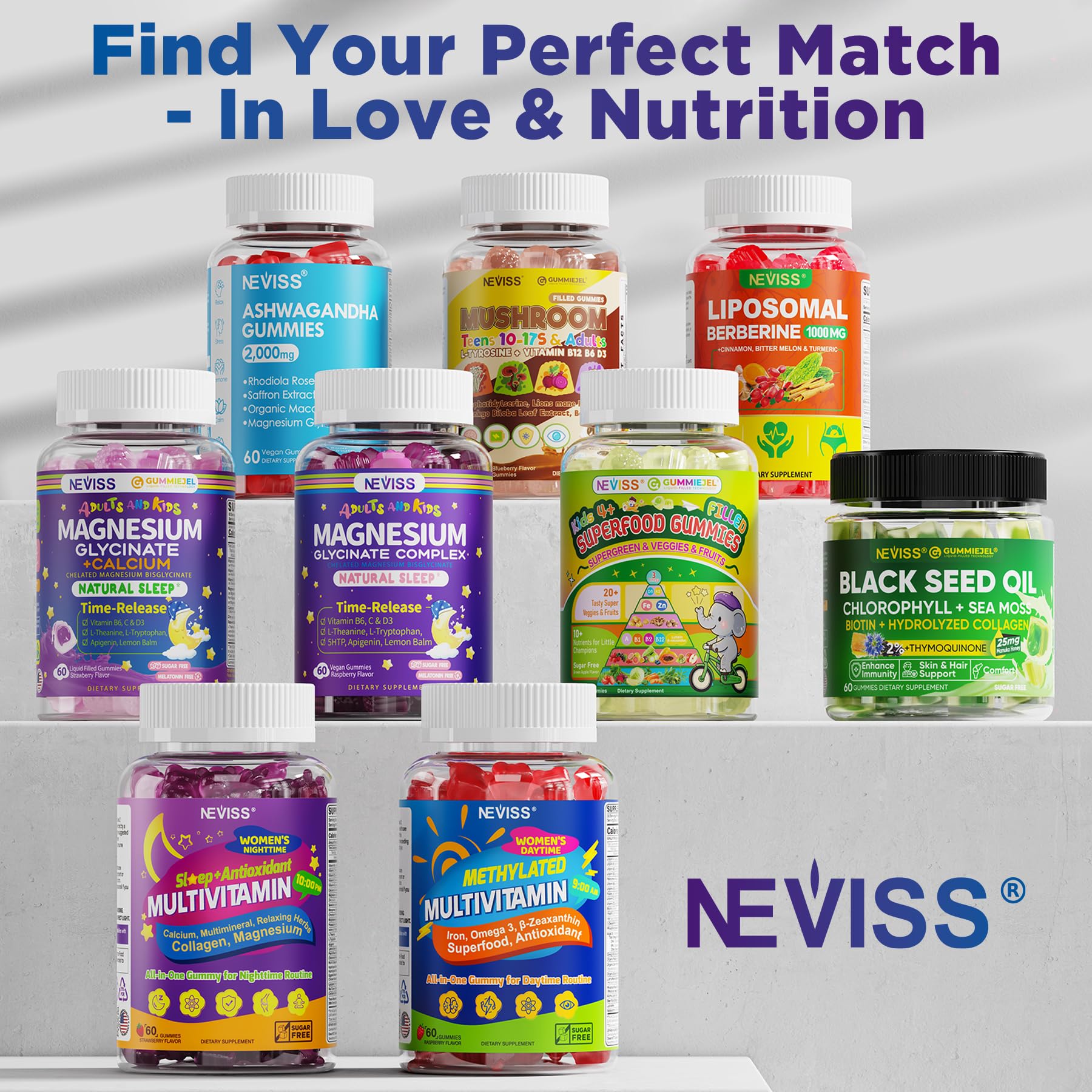 Magnesium Glycinate Gummies for Adults & Kids 4+, Sugar Free Magnesium Bisglycinate Supplement 400/200mg with B6D3, 5HTP, L-Theanine for Sleep & Relaxation, Brain, Muscle, Melatonin Free Gummies,2Pack NEVISSAu supplements