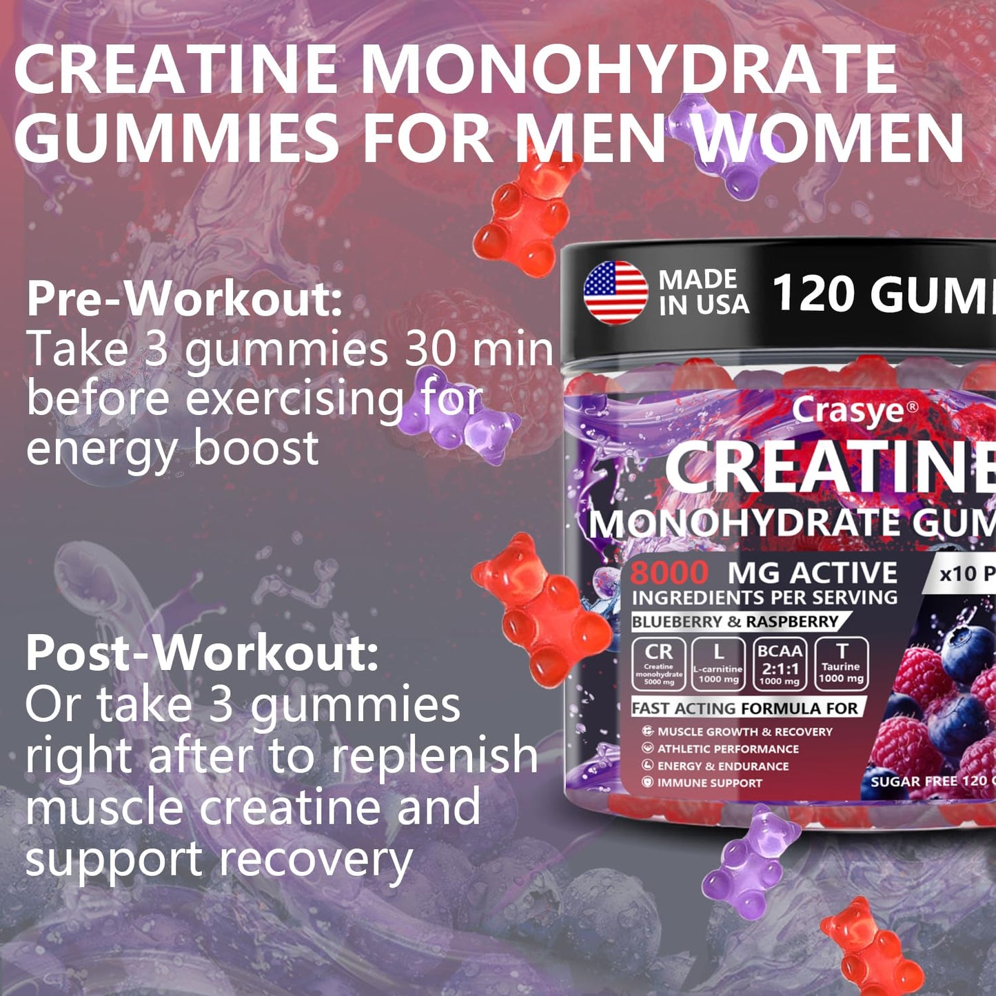 Crasye Creatine Gummies Complex 8000mg for Men and Women Creatine Monohydrate Gummy with BCAA Taurine for Muscle Strength and Energy Boost Sugar CrasyeUS supplements