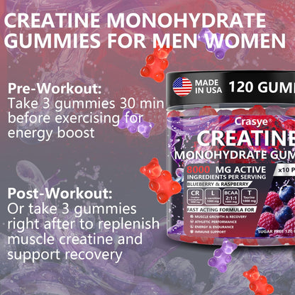 Crasye Creatine Gummies Complex 8000mg for Men and Women Creatine Monohydrate Gummy with BCAA Taurine for Muscle Strength and Energy Boost Sugar CrasyeUS supplements