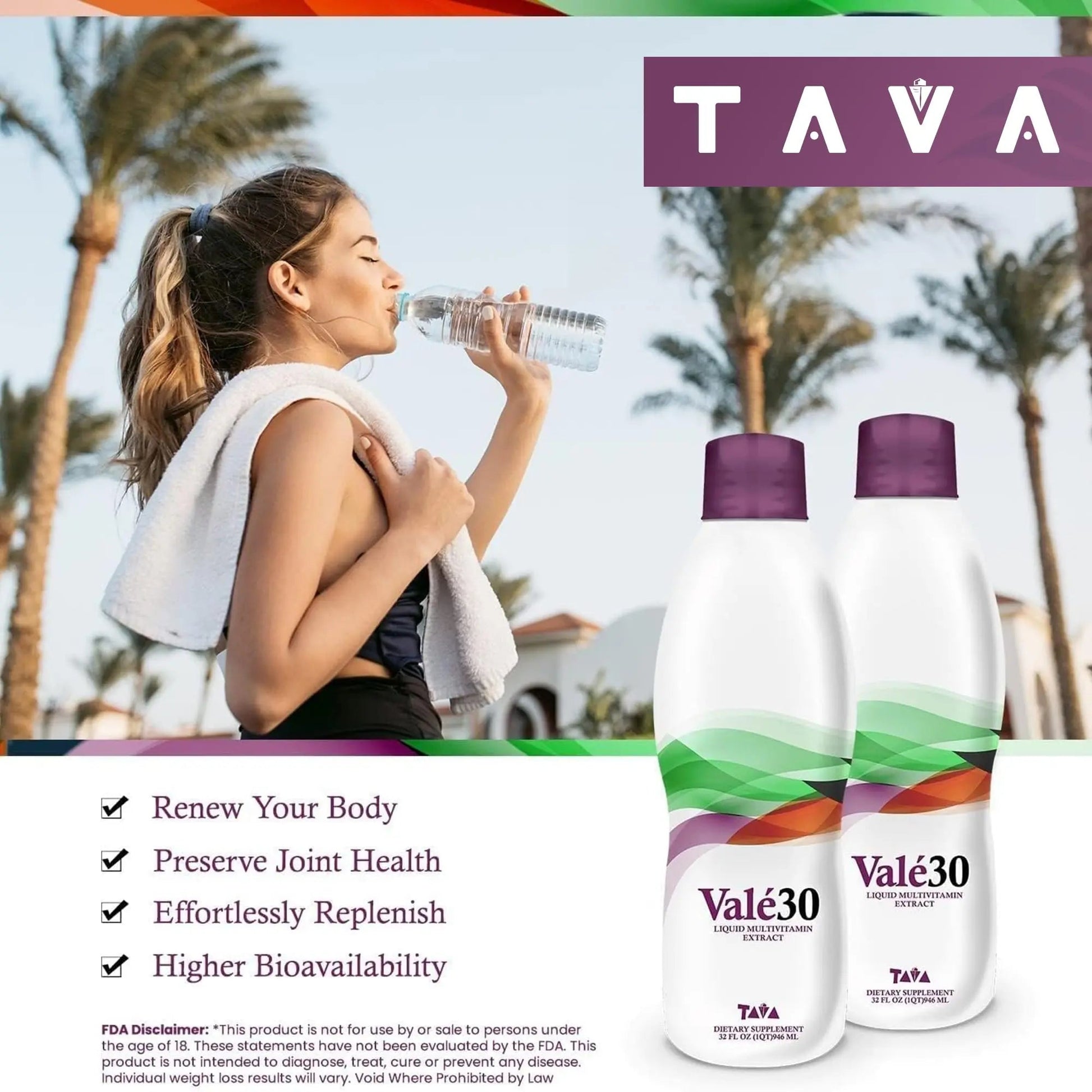 TAVA Valé30 - Liquid Multivitamin - 30-Day Supplement with Vitamin A and B Complex for Men, Women, and Family, Daily Boost Drink - 2 Bottles TAVAAu supplements