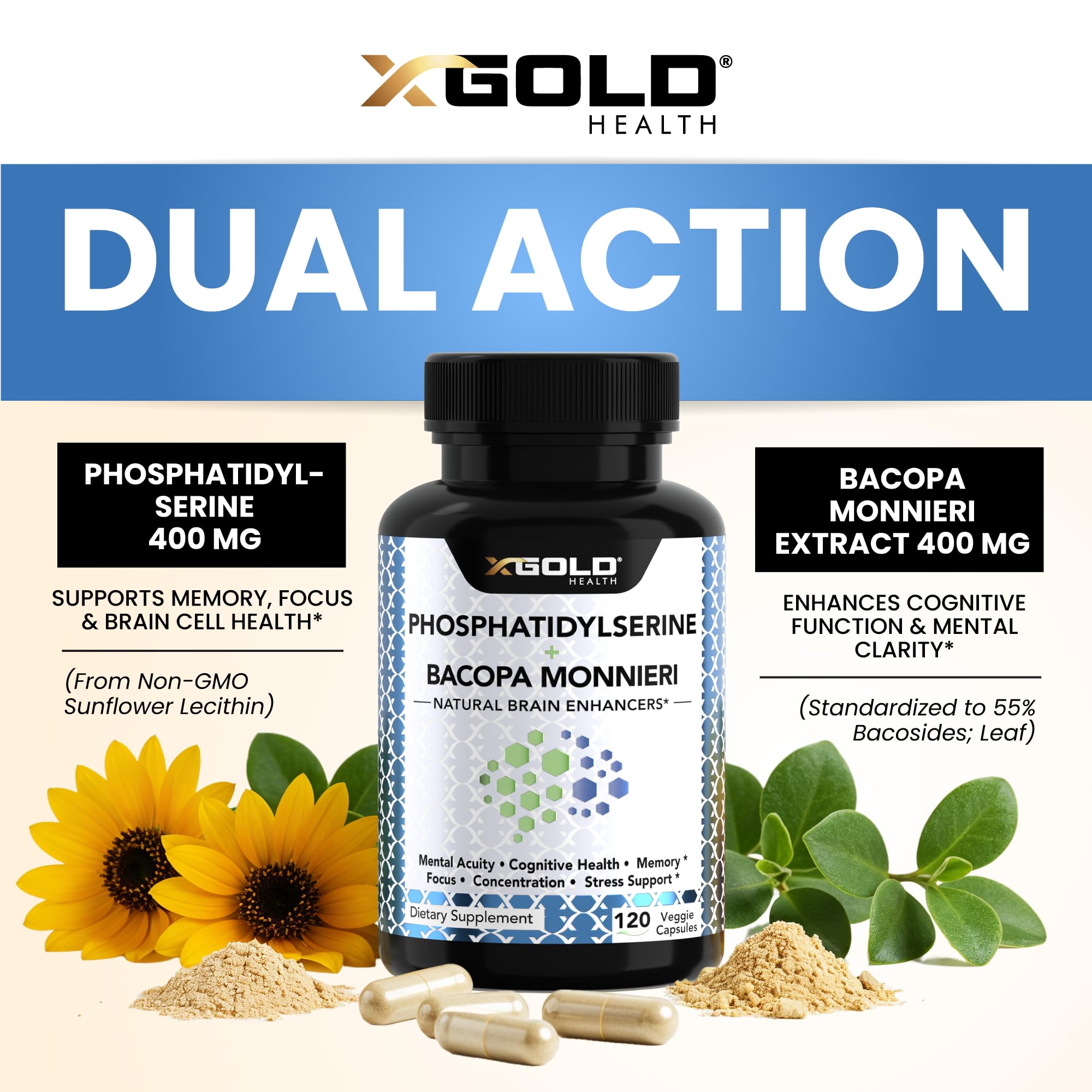 PhosphatidylSerine & Bacopa Monnieri 800 mg 2 in 1 Supplement - Natural Brain Enhancer/Nootropic for Enhanced Focus and Concentration, Memory Support, & Cognitive Function - 120 Vegetarian Capsules X Gold HealthAu supplements