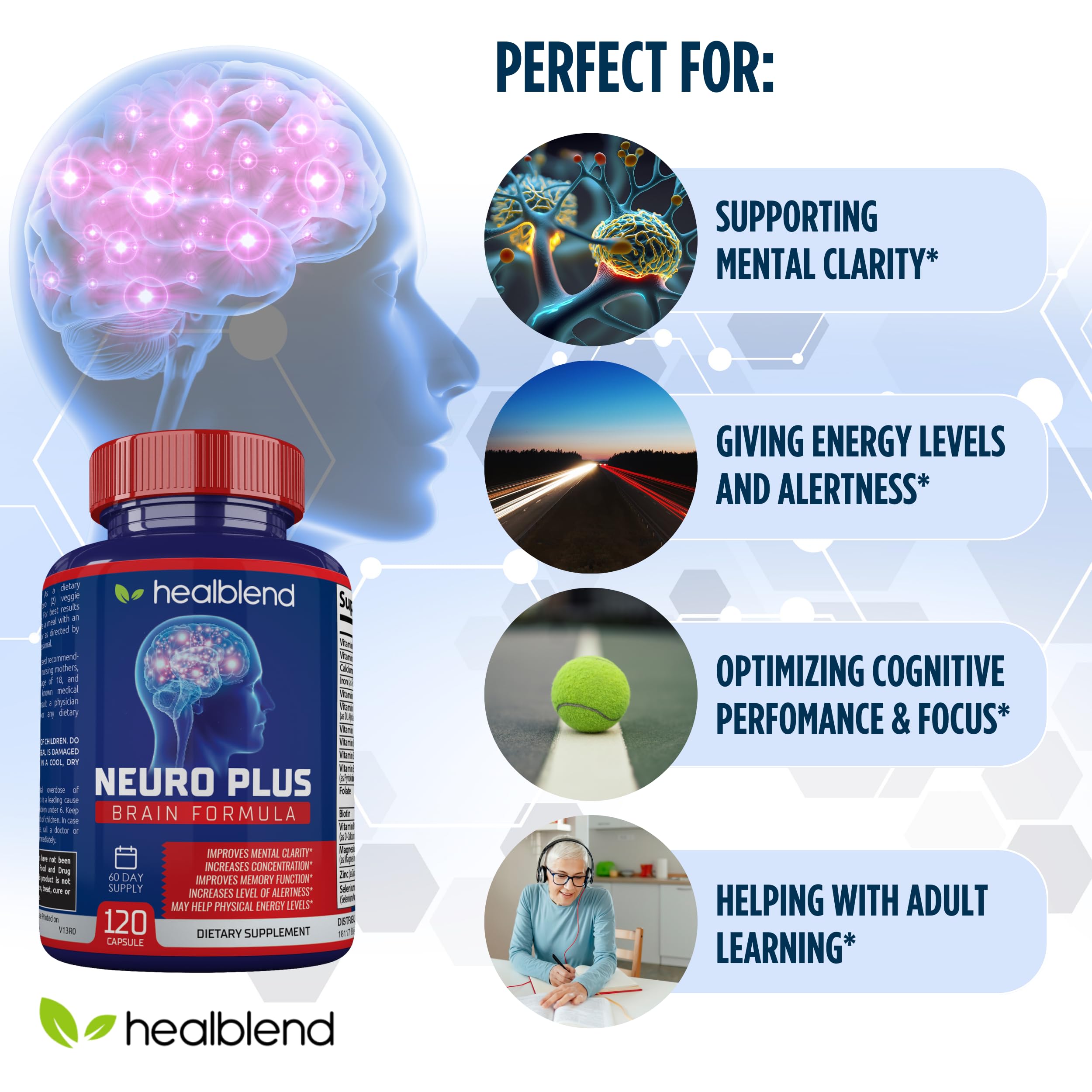 Neuro Plus Brain & Focus Formula - Nootropic Brain Booster Supplement, Supports Brain Health, Mental Clarity & Focus - Enhances Concentration & Mental Energy – 120 Capsules (1) healblendAu supplements