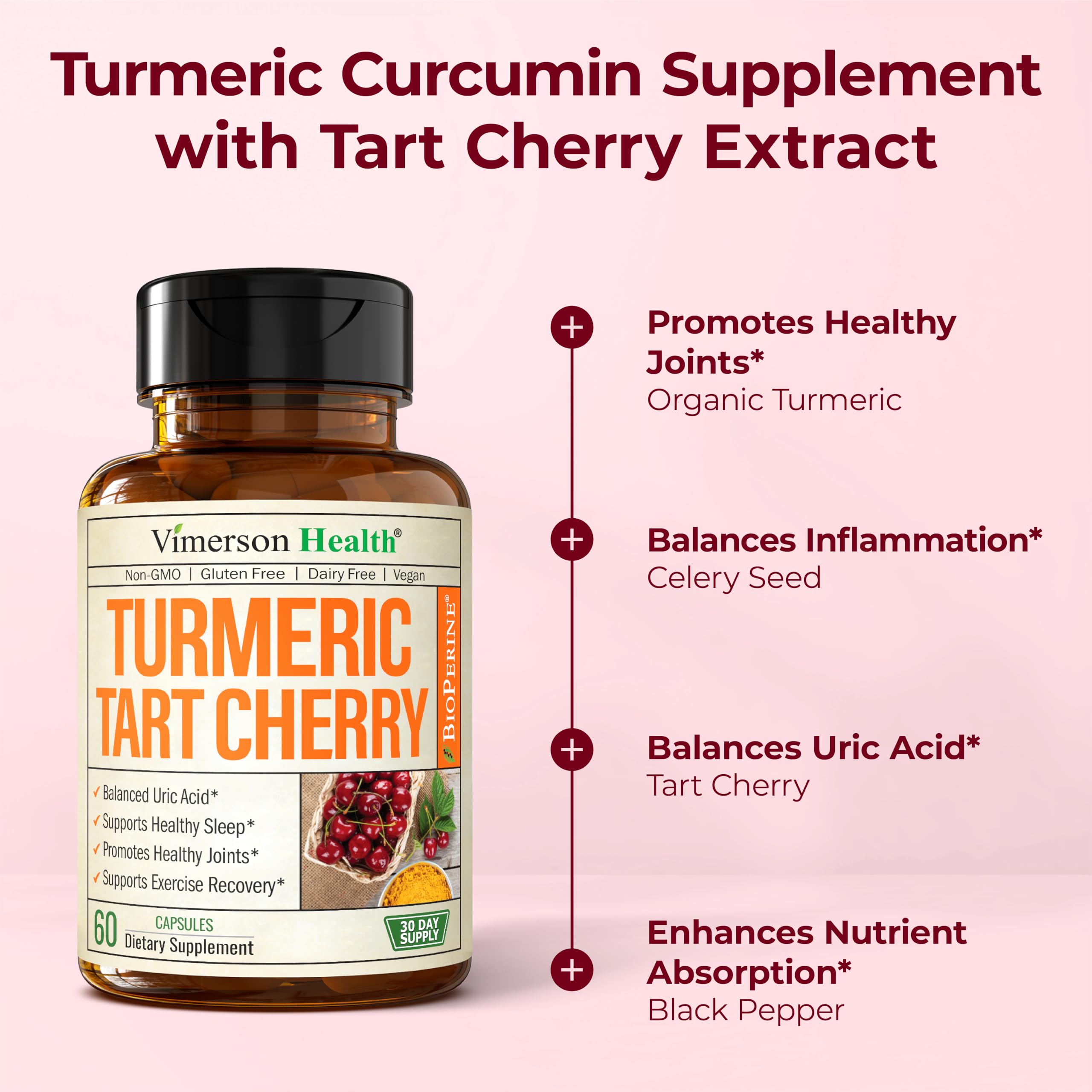 Turmeric Curcumin Supplement with 10:1 Tart Cherry Extract & Celery Seed Extract – Natural Uric Acid Balance, Joint Health & Sleep Aid – Turmeric Curcumin with Black Pepper – 60 Tart Cherry Capsules Vimerson HealthAu supplements