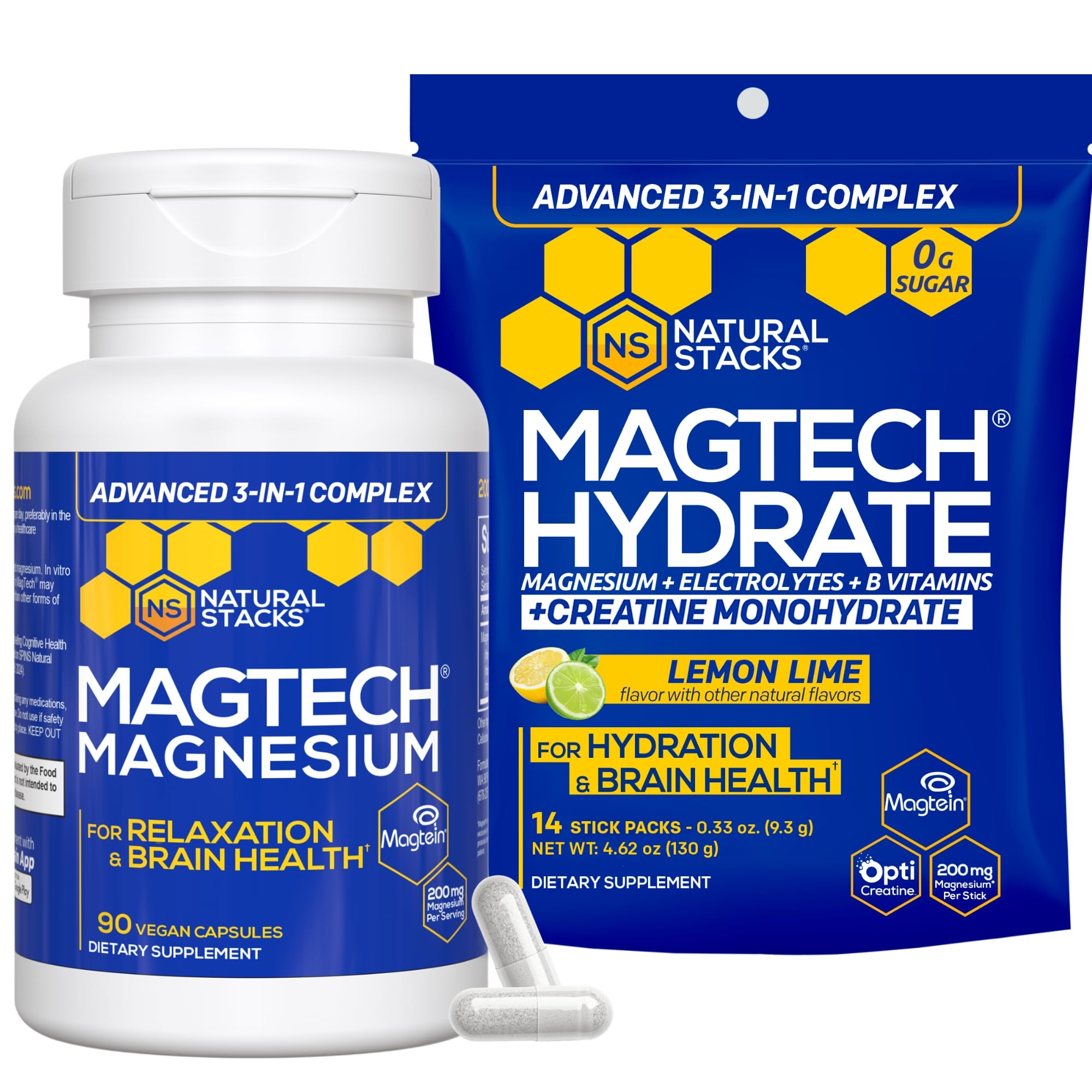 Magtech Magnesium Capsules + Hydration Creatine Powder Lemon Lime Bundle - 3 Forms of Magnesium - Featuring Magtein L-Threonate - Brain Health & Hydration Support* - 44 Total Servings NATURAL STACKSAu supplements