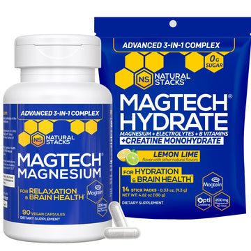 Magtech Magnesium Capsules + Hydration Creatine Powder Lemon Lime Bundle - 3 Forms of Magnesium - Featuring Magtein L-Threonate - Brain Health & Hydration Support* - 44 Total Servings NATURAL STACKSAu supplements