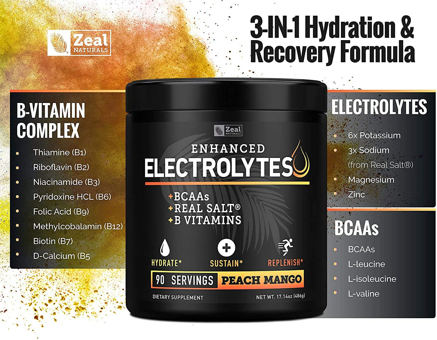Enhanced Electrolyte Powder (Peach Mango | 90ct.) + BCAA, B-Vitamins & Real Salt Zeal NaturalsUS supplements