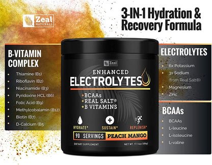 Enhanced Electrolyte Powder (Peach Mango | 90ct.) + BCAA, B-Vitamins & Real Salt Zeal NaturalsUS supplements
